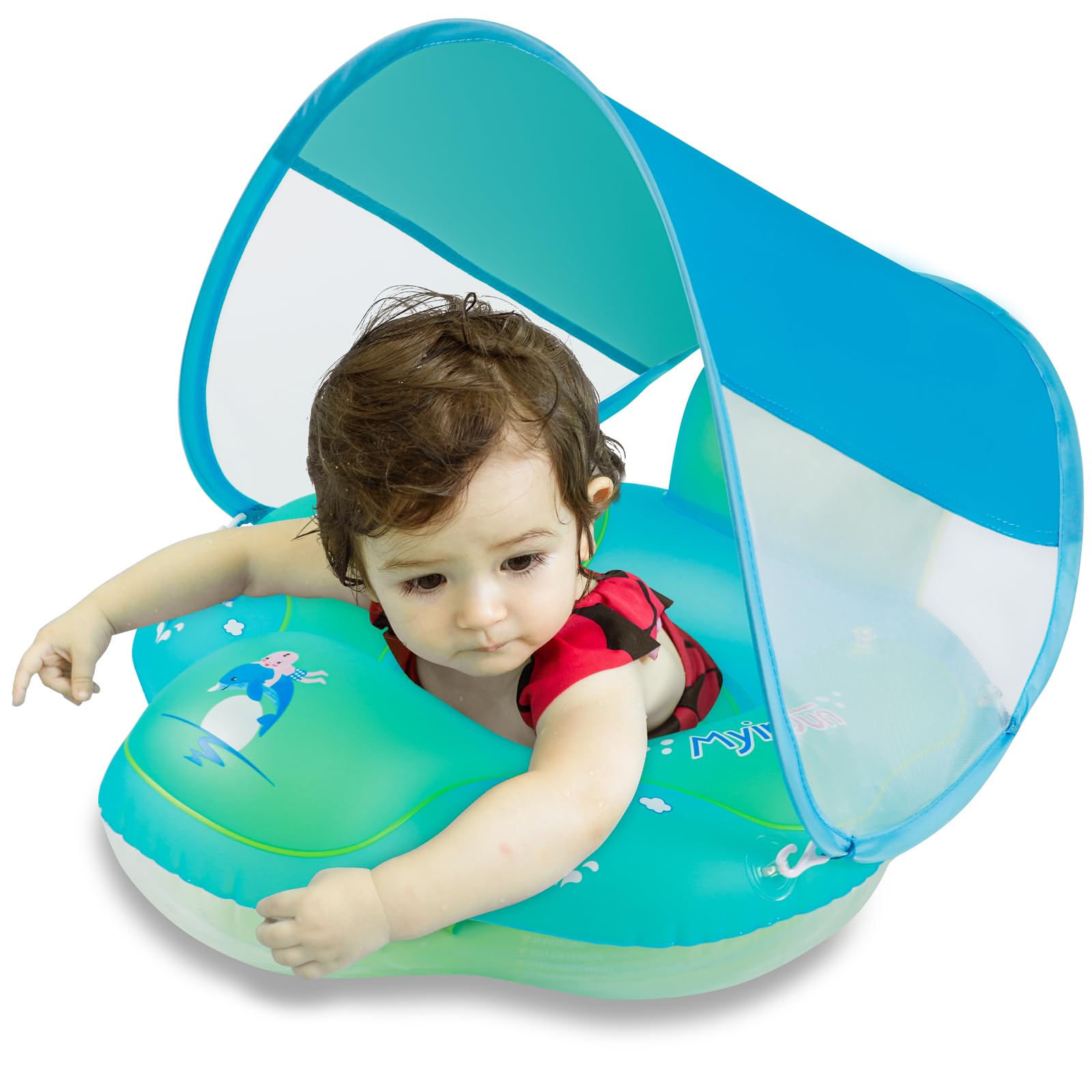 Myir JUN Salvagente con Parasole Salvagente Bambini con Mutandina, Anello di Nuoto per Bambino Salvagente Bebè per Piscina Galleggiante Gonfiabile Doppio Airbag (Bleu, con Parasole, L)