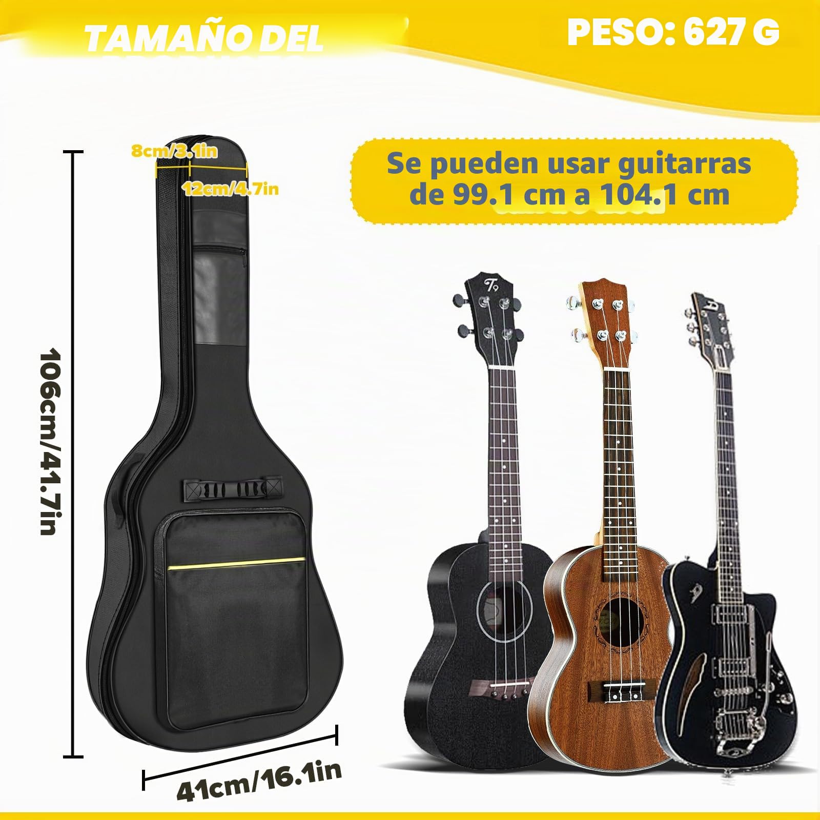 Bolsa para guitarra grande resistente al agua y desgarro, 106x41x8 cm, Negro, para guitarras de 39-41 pulgadas
