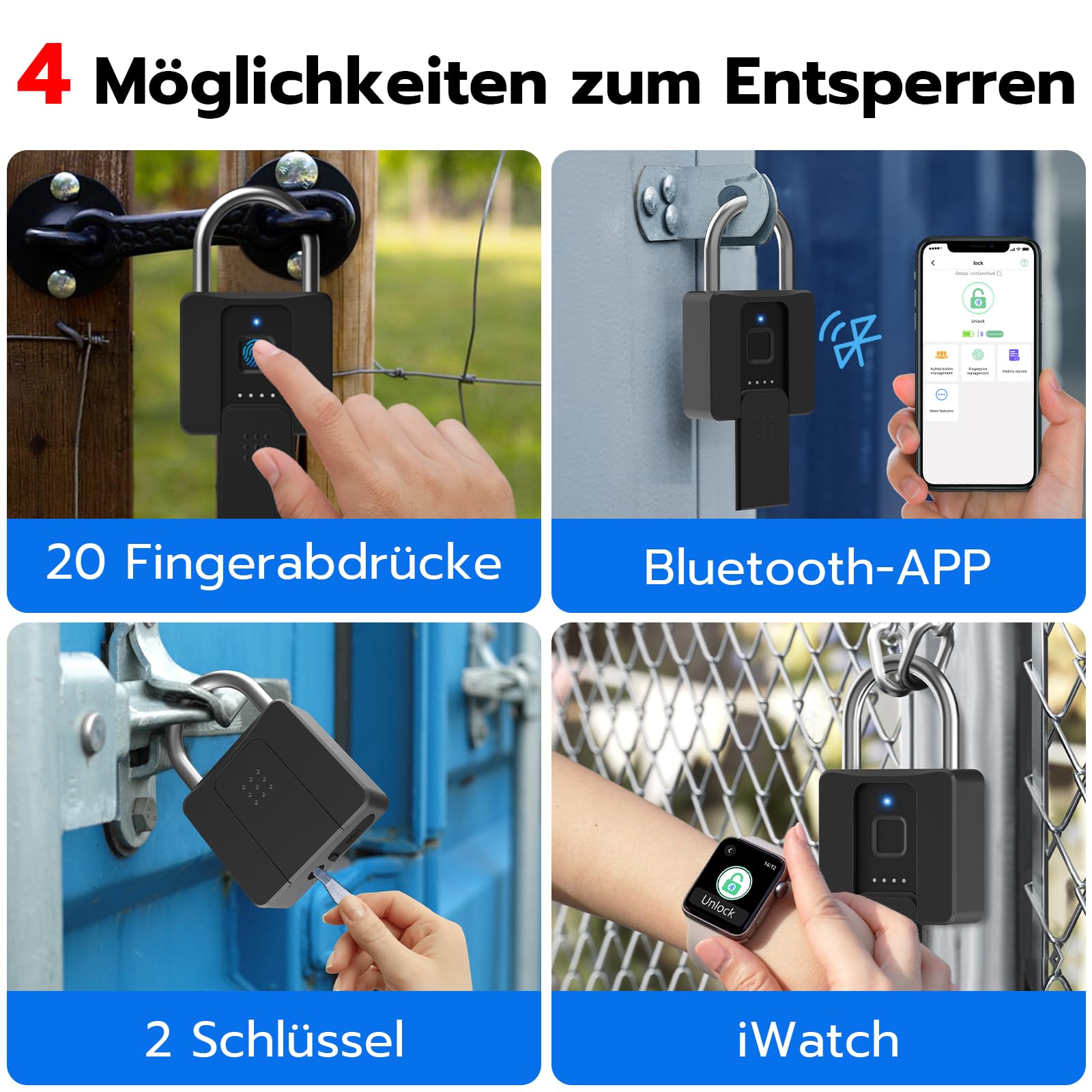 Zamek odcisk palca, kłódka Eseesmart z kluczem, odcisk palca, aplikacja, duża kłódka z odciskami palców, wodoszczelna, drzwi, garaż, szkoła, magazyn