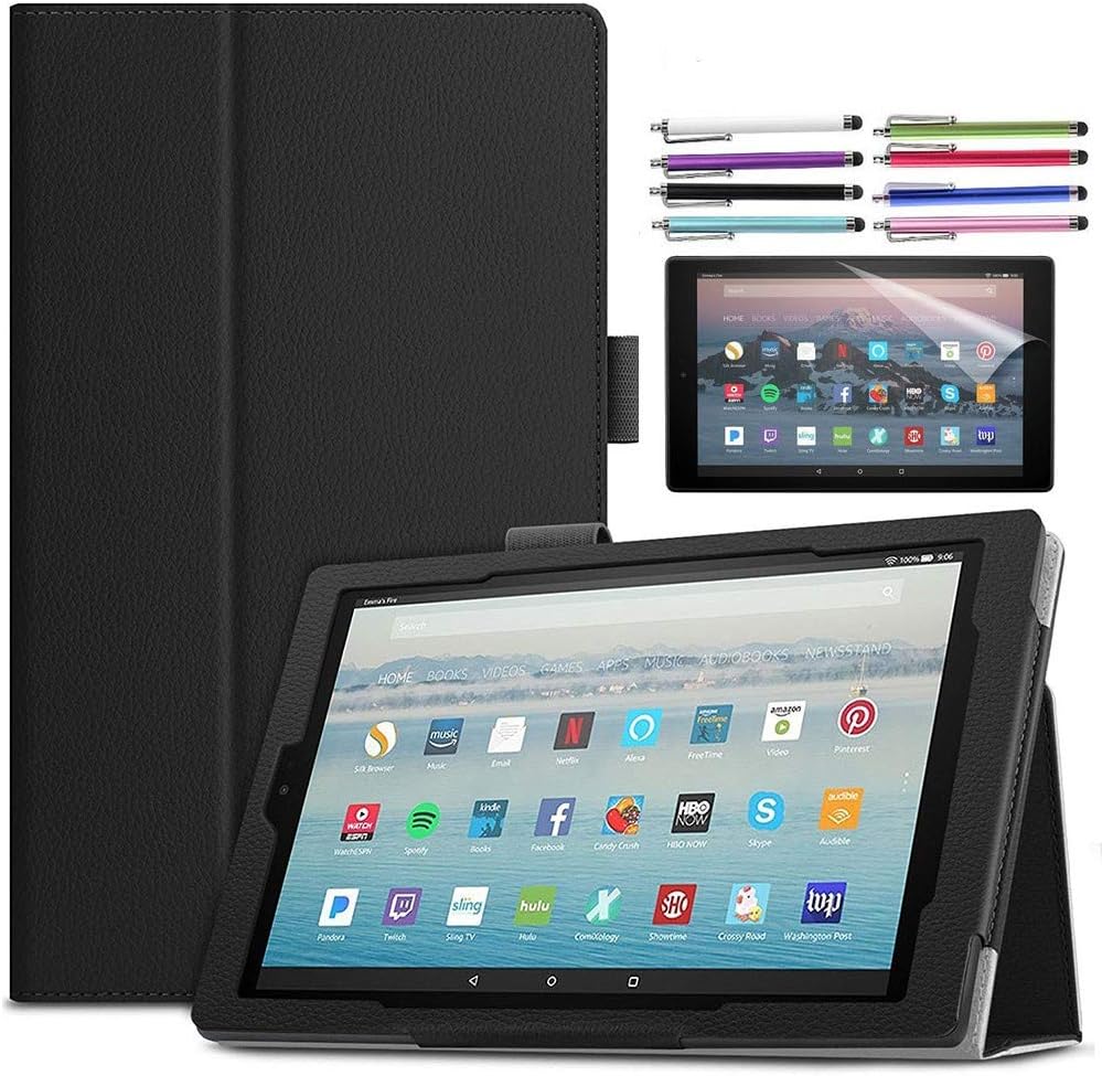 EpicGadget Case for Amazon Fire HD 10 Inch Tablet (9th/7th Generation, 2019/2017 Released) - Lightweight Folio Folding Stand Cover PU Leather Case + 1 Screen Protector and 1 Stylus (Black)