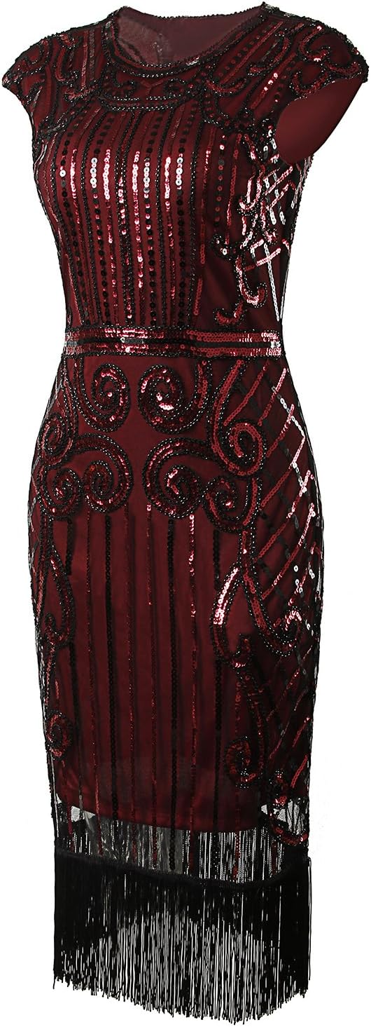 Vijiv 1920s Vintage Inspired Sequin Embellished Fringe Long Gatsby Flapper Dress