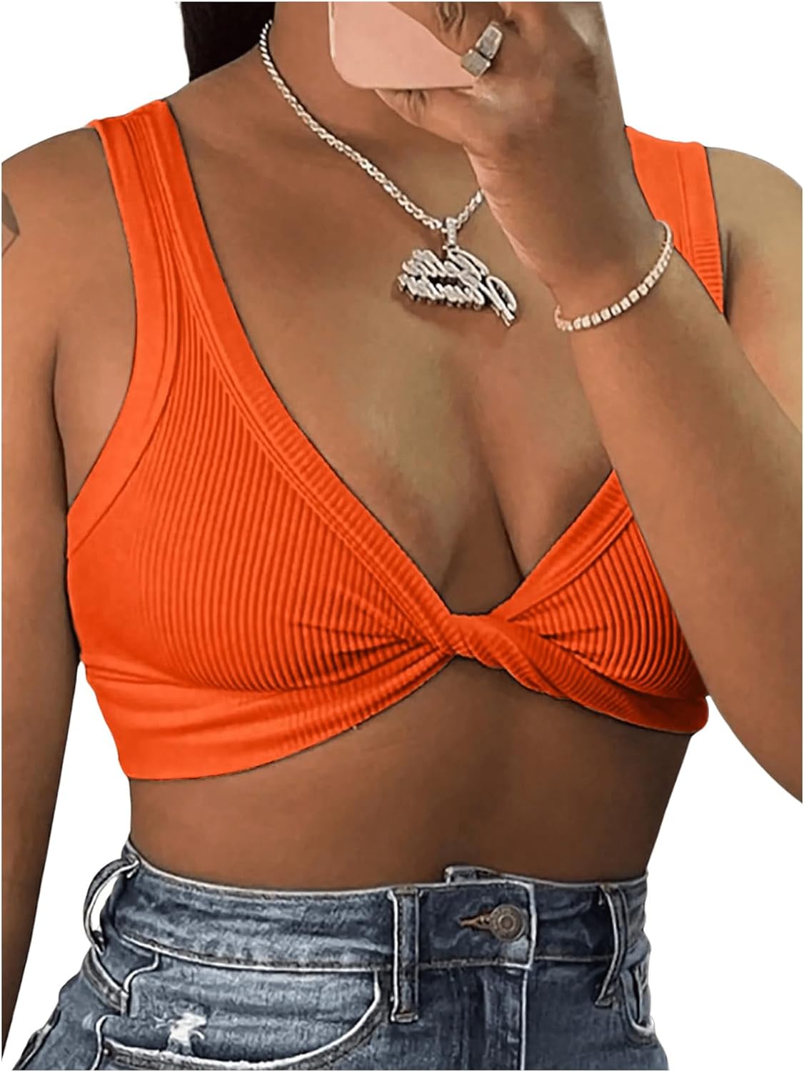 MakeMeChic Women's Crop Tank Top Ribbed Twist Front Sexy Cute Going Out Tops