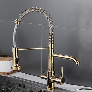 XJTNLB Drinking Water Tap 3 Way Gold Filter Tap for Kitchen Sink Spring Tap Kitchen Sink 3 in 1 Pull Out 360  Swivel-C