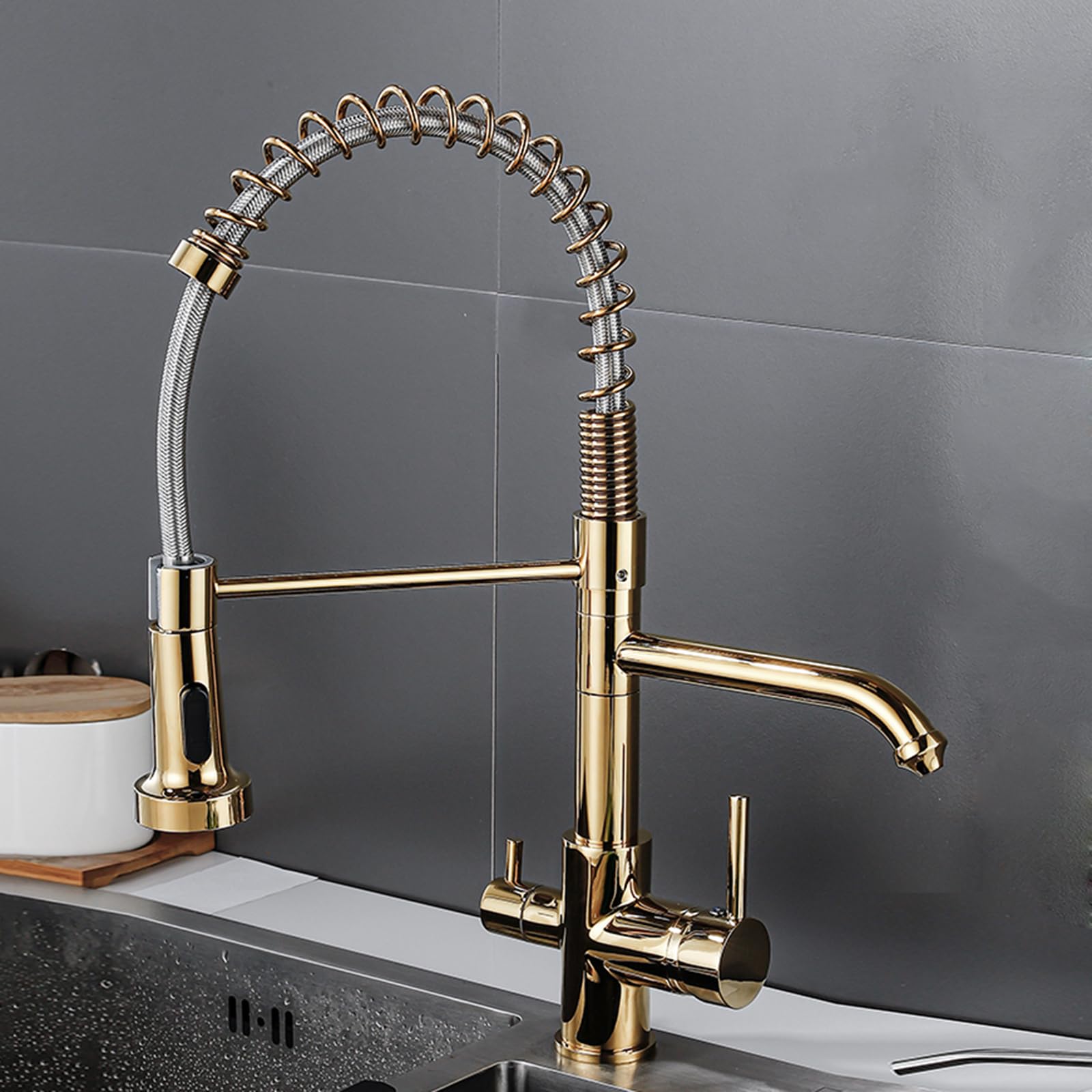 BHFPFZA 3 Way Brushed el Water Filter Tap - 3-in-1 Kitchen Sink Mixer Pull-Out Sprayer 360° Swivel Design for Easy Use & Clean Drinking Water