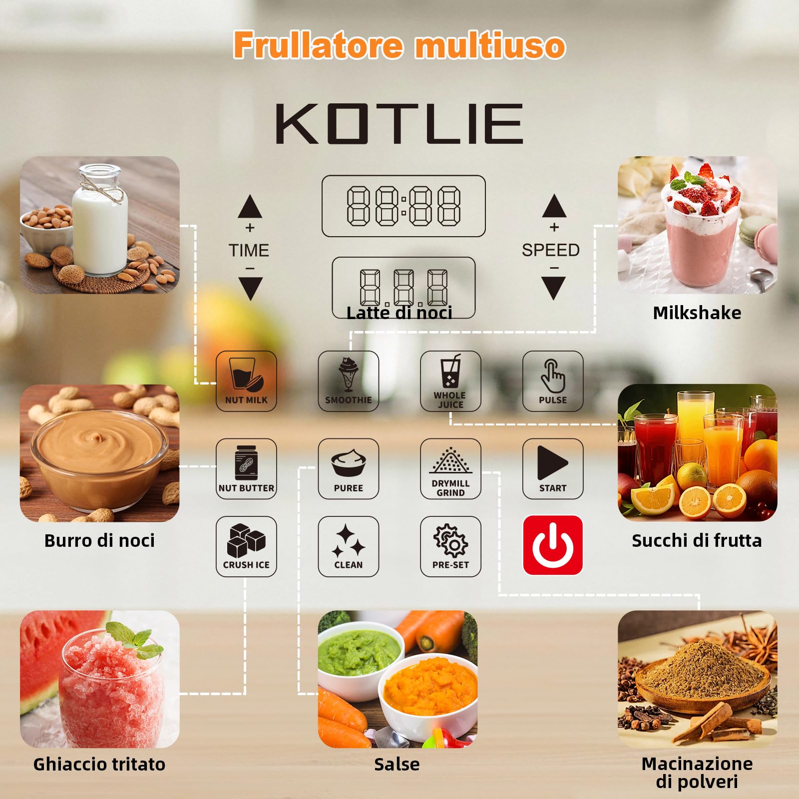 KOTLIE NY-8088EJA - Frullatore da Tavolo 2L, 7 Funzioni, Autopulente (Senza Riscaldamento)