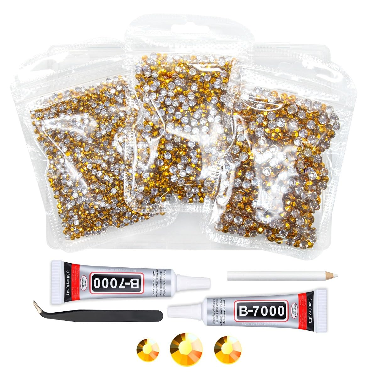 qiipii Bright Gold Resin Rhinestones w B7000 Jewelry Glue for Bedazzling Crafting 3mm 4mm 5mm Golden Flatback Jelly Stones Bulk Diamonds Crystals Gems