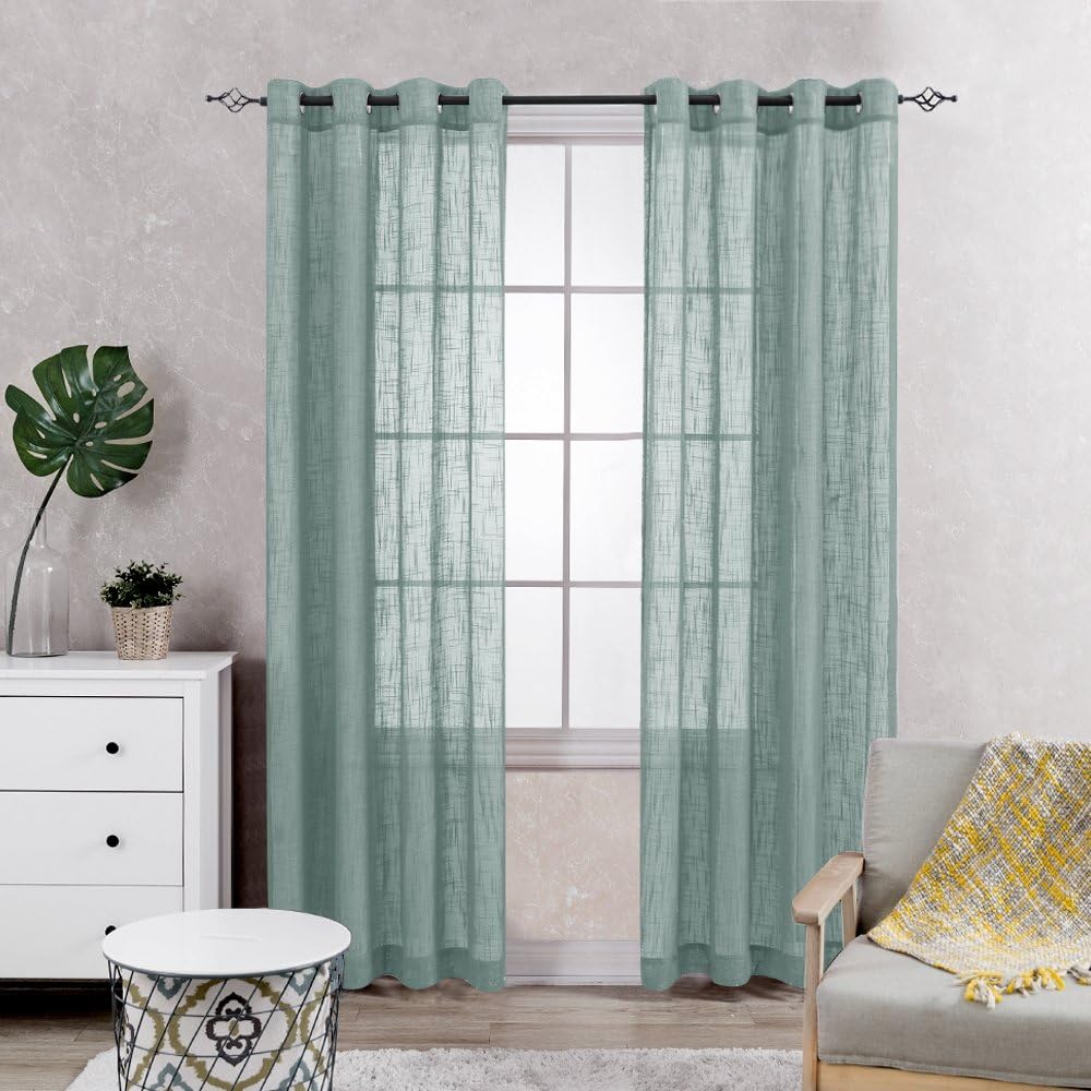 Vangao Linen Textured Sheer Curtains for Living Room 84 Inches Length Semi Sheer for Bedroom Light Filtering Voile Rod Pocket Drapes 1 Pair Blue
