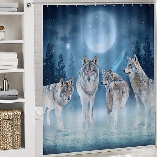 Miniatura 5 de Brebasf Winter Forest Wildlife Wolf - Juego de 4 cortinas de ducha impermeables con diseño de galaxia de fantasía, luna llena, lobos blancos con