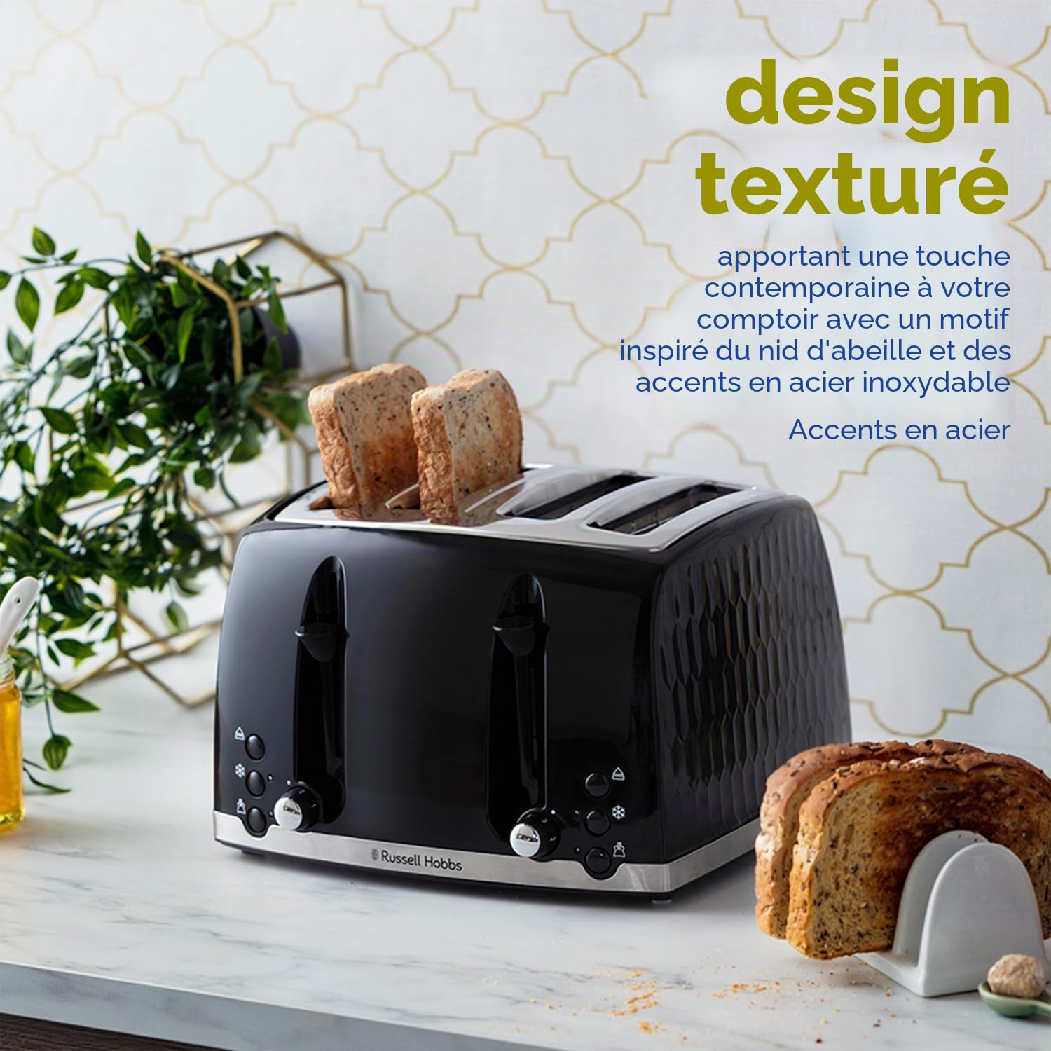 Russell Hobbs 26071 Grille-Pain 4 Tranches Design Moderne en nid d'abeille avec fentes extra larges et fonction de levage haut Noir