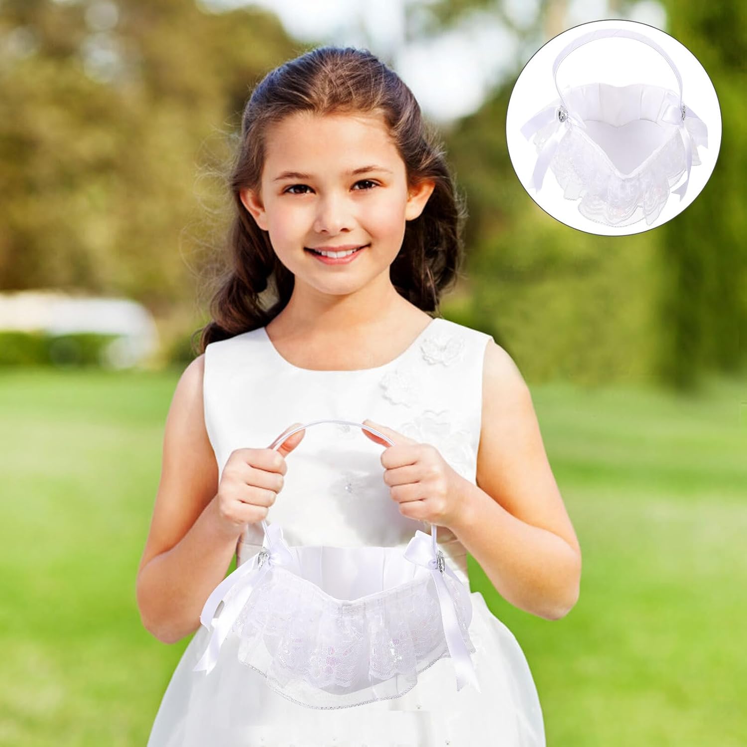 Wedding Flower Petal Basket with Handle, White Lace Heart-shaped Flower Girl Basket for Wedding Ceremony and Party Supplies