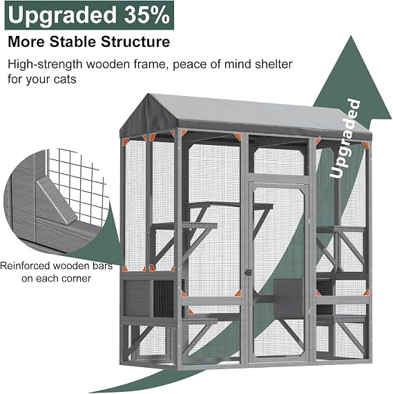 TIMHAKA Catio Outdoor Cat Enclosure, Large Cat House for Mulitiple Cats Walk in Cat Cage with Waterproof Cover and Sunshine Panel Roof, Feral Cat Shelter with 7 Platforms and 2 Resting Box, 72 inch