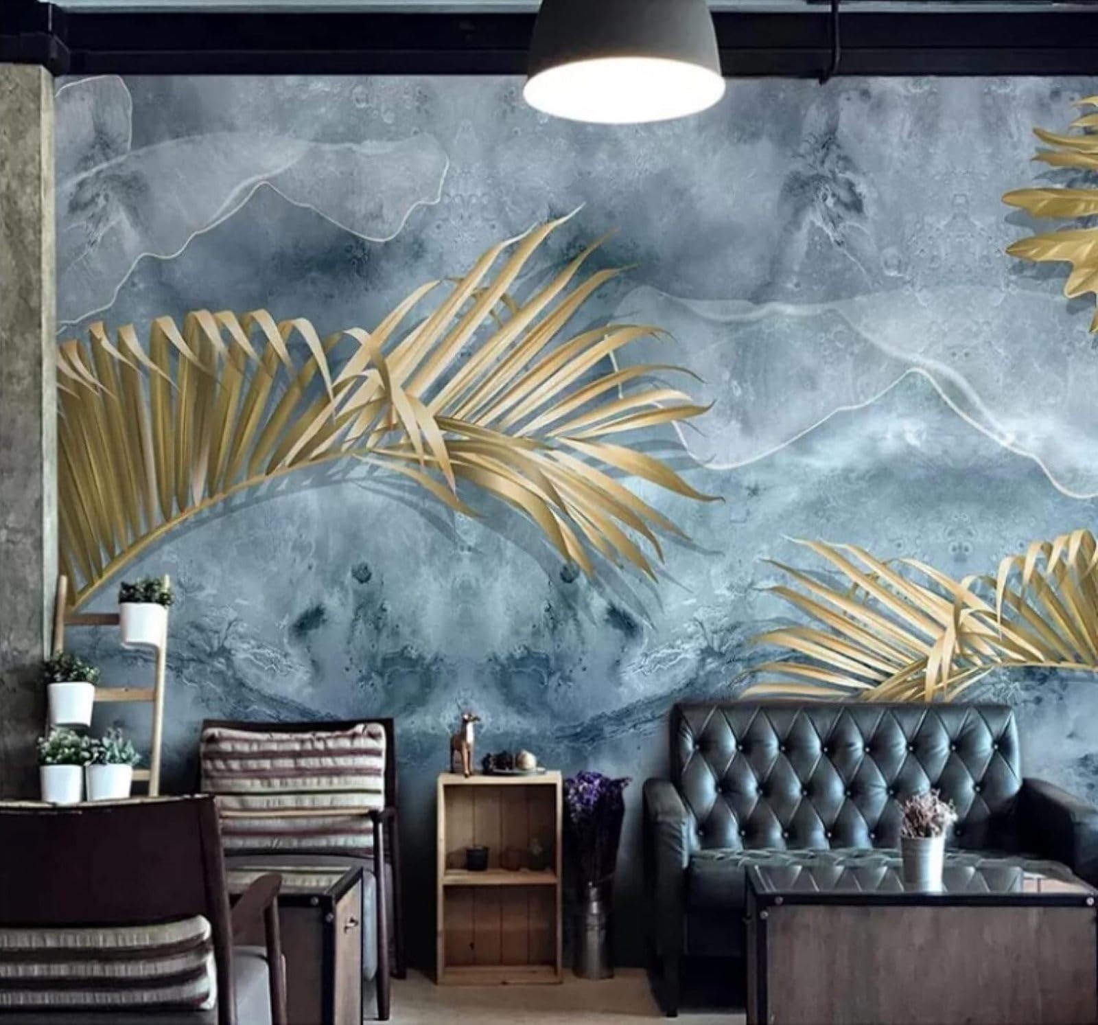 XLMING Abstract Blue Ink Gold Leaves 3D Wallpaper Luxury Home Dining Decor Paste Sofa Living Room The Wall for Bedroom Mural-300cm×210cm