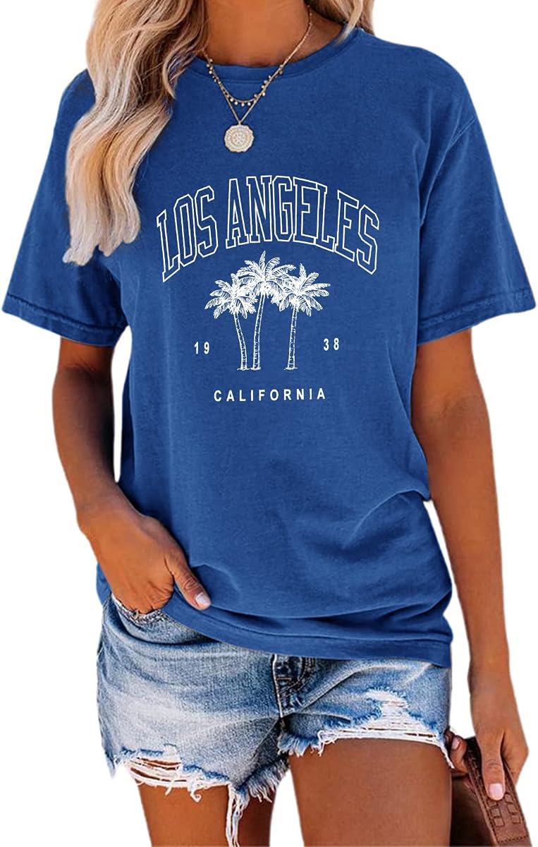 TAKEYAL Womens Graphic Tees Short Sleeve T Shirts | Loose Casual Tops for Teen Girls, Beach Vacation Shirts, Vintage Graphic T-shirts, Los Angeles California