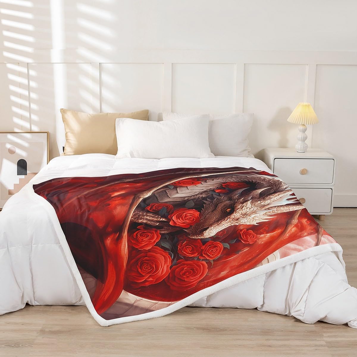 Feelyou Dragon Sherpa Blanket Twin 60"x80" Kids Red Rose Dragon Fleece Throw Blanket Chinese Traditional Culture Plush Blanket Wild Dragon Red Fuzzy Blanket
