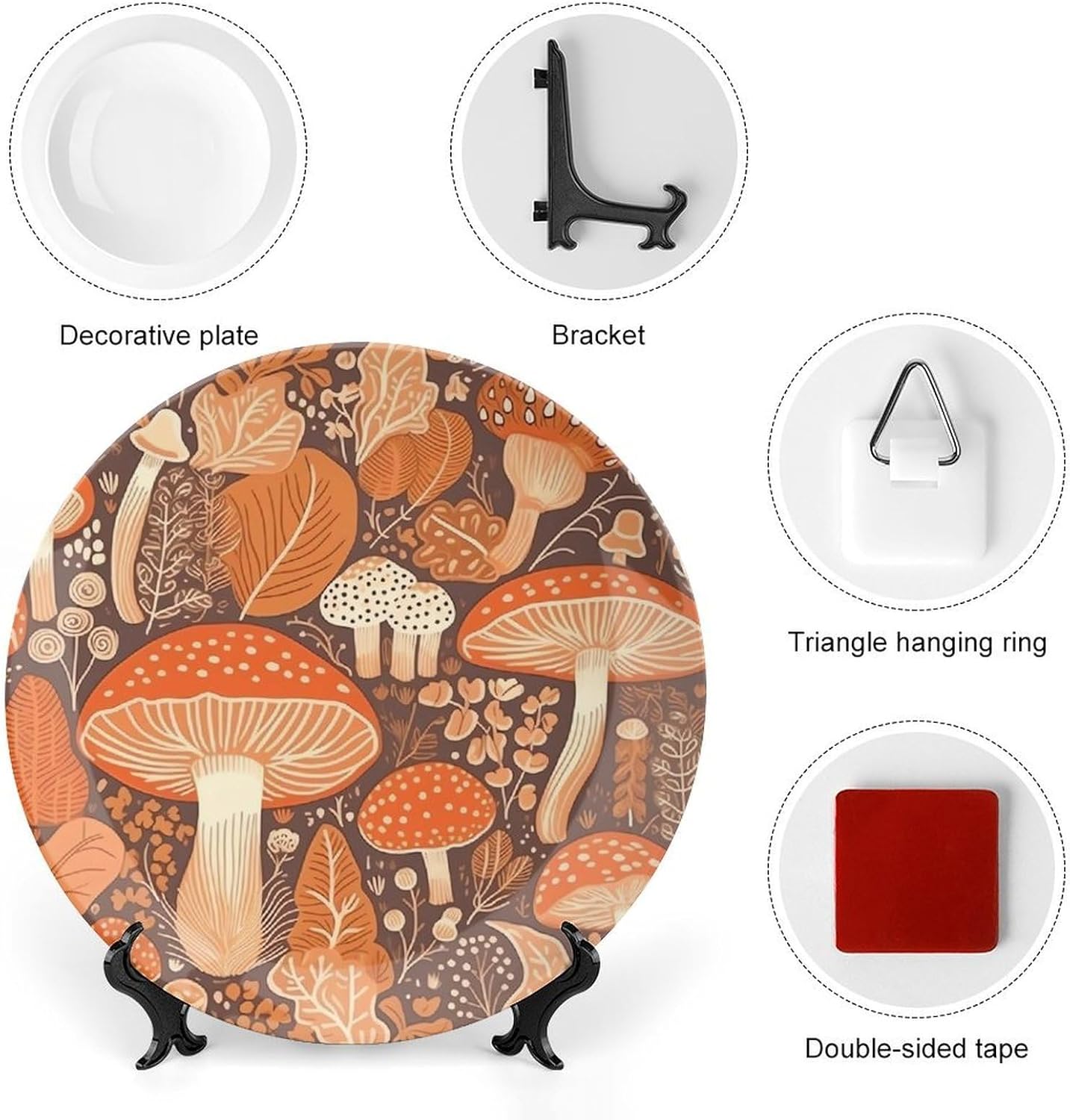 Bone China Decorative Plates Cartoon Mushroom Ceramic Decorative Plate Wall Decor with Display Stand Ceramic Ornaments for Wall Hanging Decoration