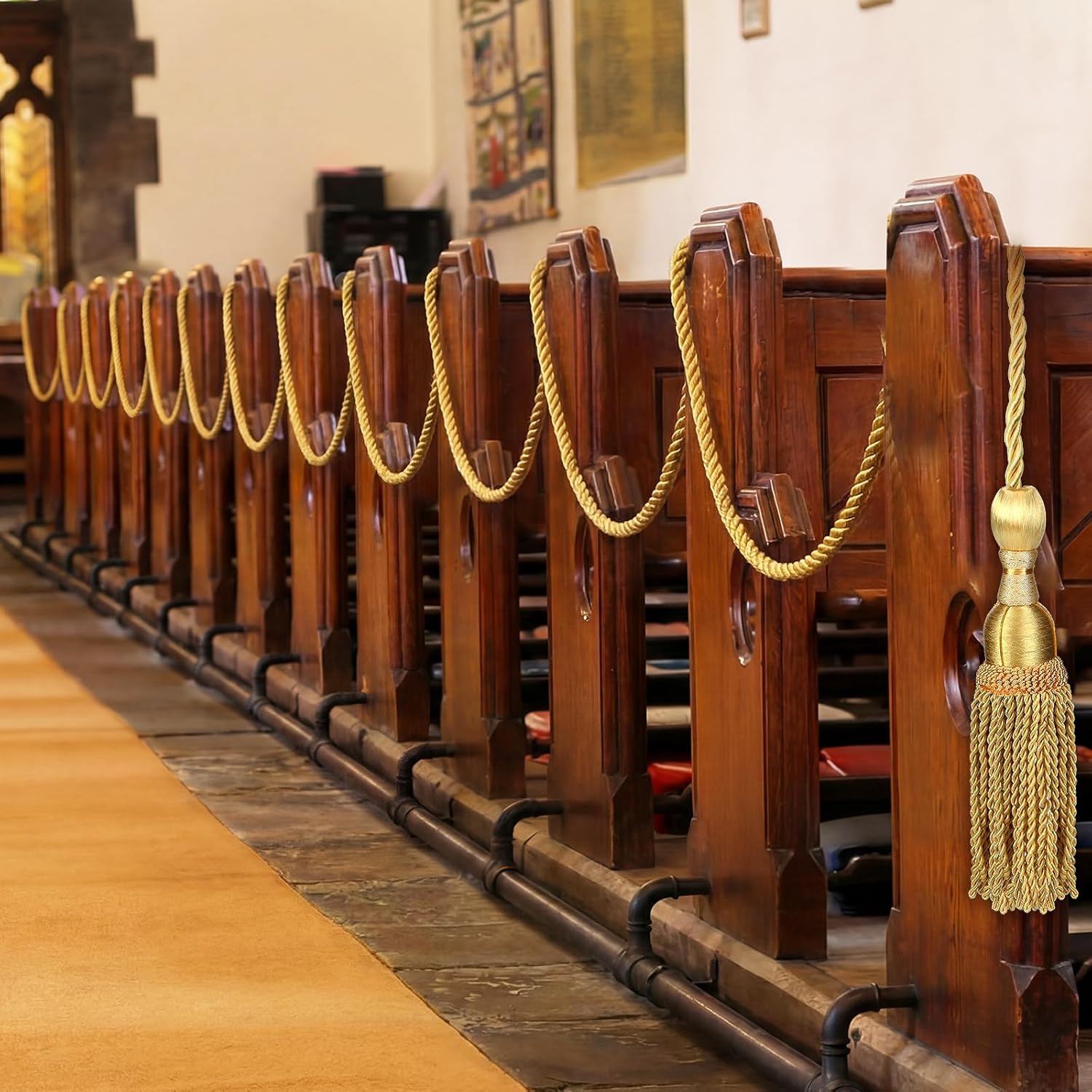 2 Pcs Weighted Church Pew Reservation Rope with Heavy Tassels Ends Reserved Church Seating Accessory Pew Rope for Wedding Funeral Seating Reserved Signs (20ft,Gold)