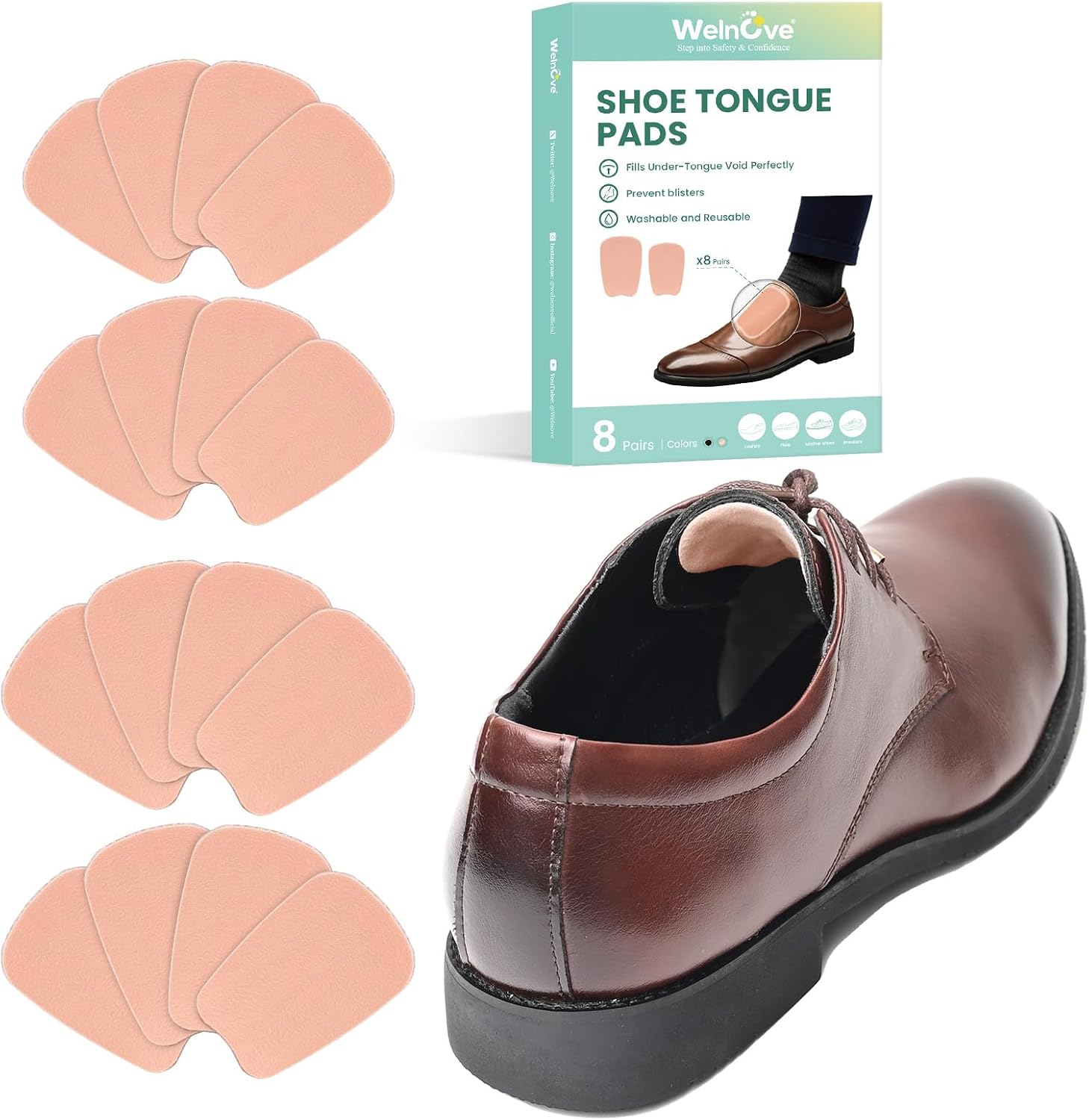 Welnove Tongue Pads Inserts for Shoes - Two Size in One Pack - 16 Pcs Shoe Padding Cushion Soft Self Adhesive Inserts Filler for Boots, Leather Shoes, Dress Shoes, Loafers - Size S & L