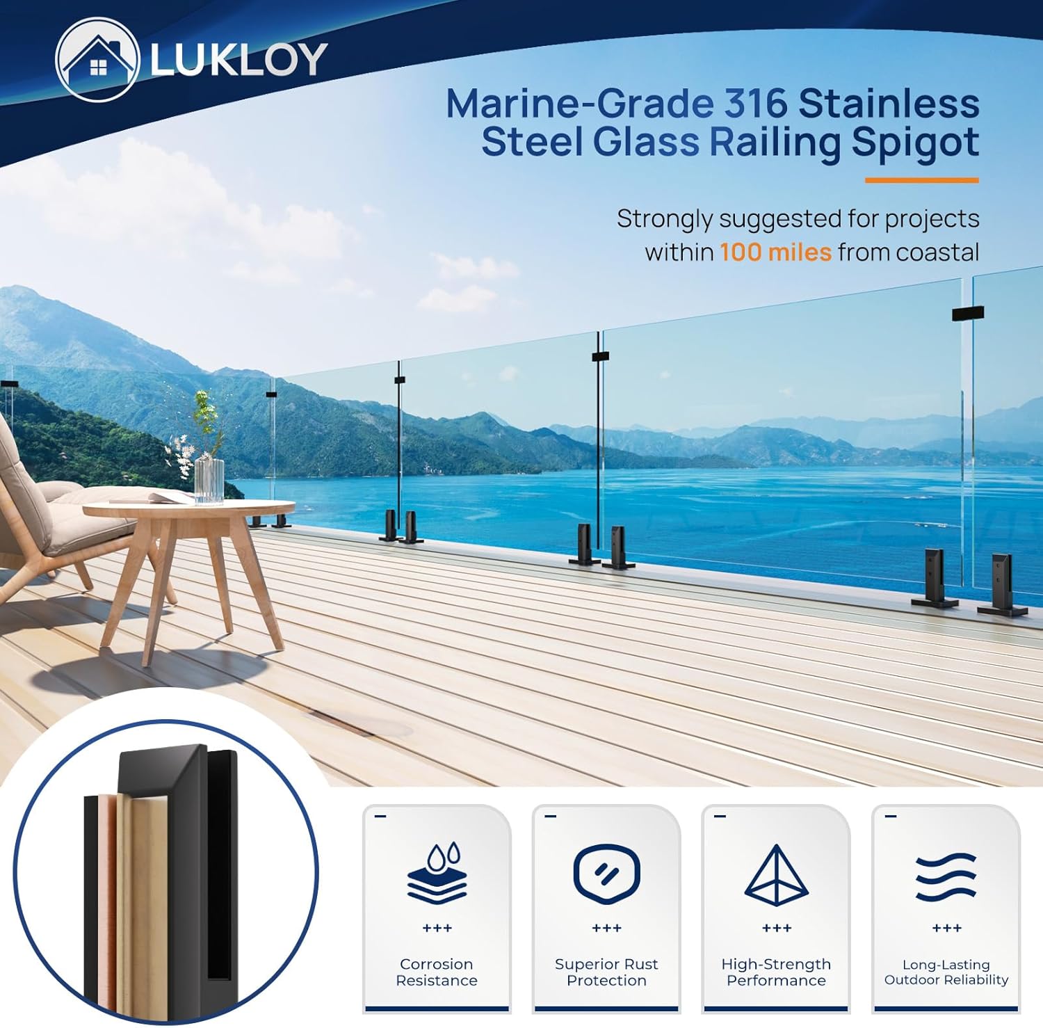 LukLoy 10 Pack Glass Railing Spigot NW. 2.1lb Heavy Duty 316 Stainless Steel Black Glass Pool Fence Railing Post Clamps for Stairs Balustrade Balcony (10 Pack, Each NW 2.1lb, GW 3.0lb) - Level 2