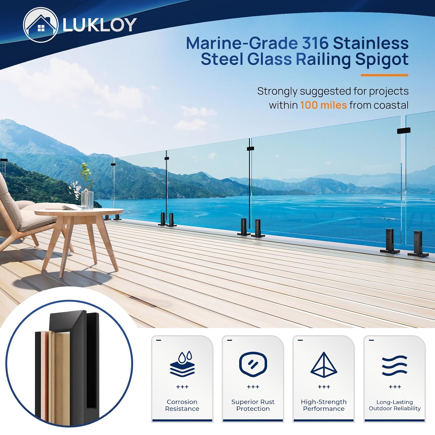 LukLoy 1 Pack Marine-Grade 316 Stainless Steel Glass Railing Spigot image 4