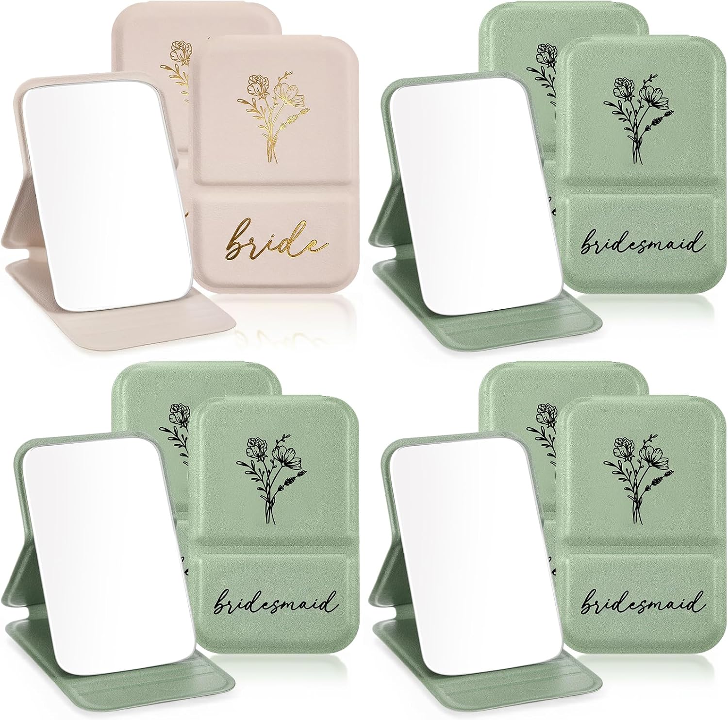 Novabright 8 Pack Bridesmaid Proposal Compact Mirrors, Floral Engraved Folding Makeup Pocket Mirror Set for Women, Bridal Shower Bachelorette Party Wedding Favors Gifts (Sage Green, White)