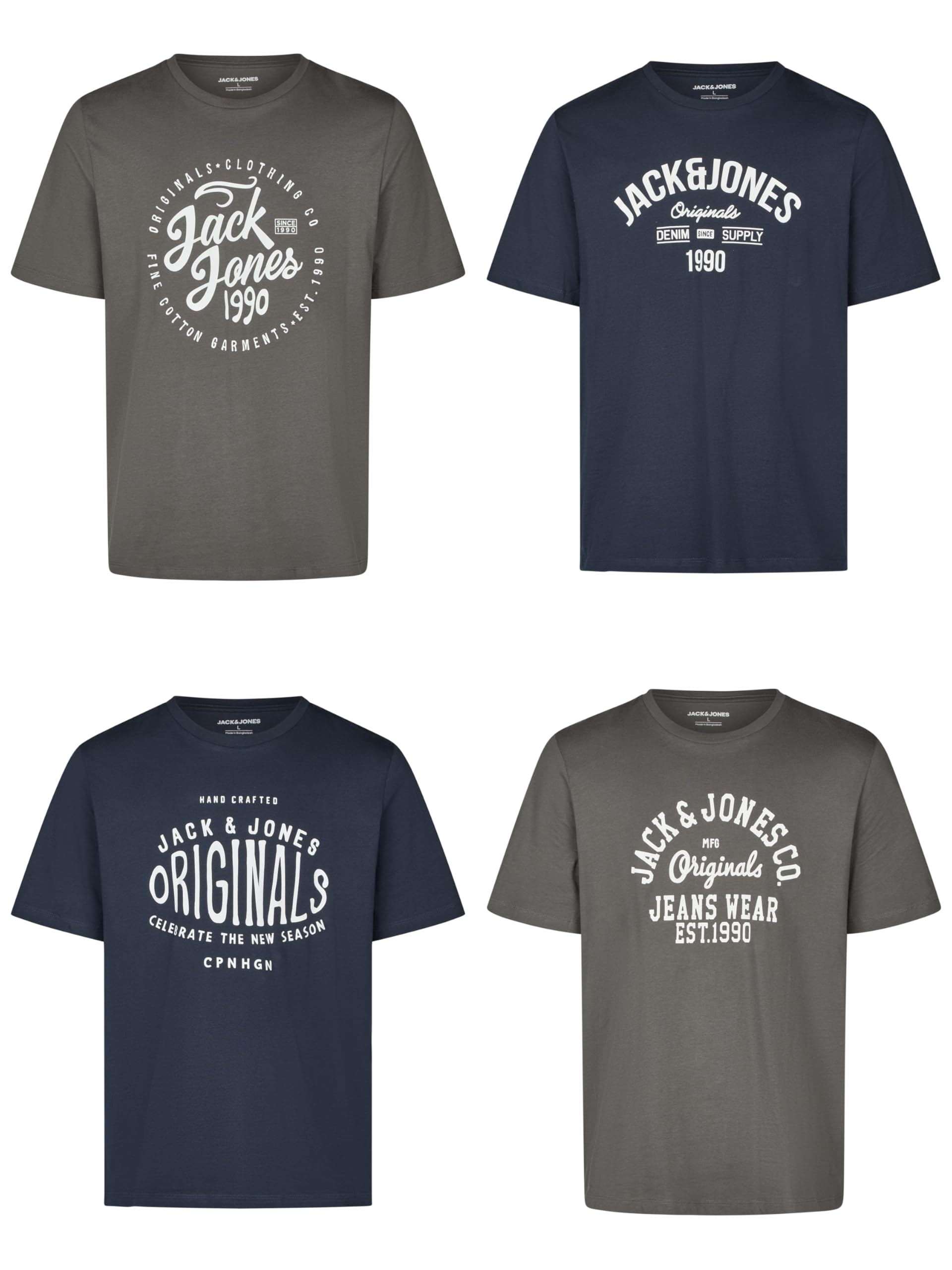 JACK & JONES Tshirt Herren Regular Fit JJLINO 4er Pack Set Pack Rundhals Kurzarm Sommer Tee Shirt Print Schwarz Weiß Grün Rot Blau Grau S M L XL XXL 3XL