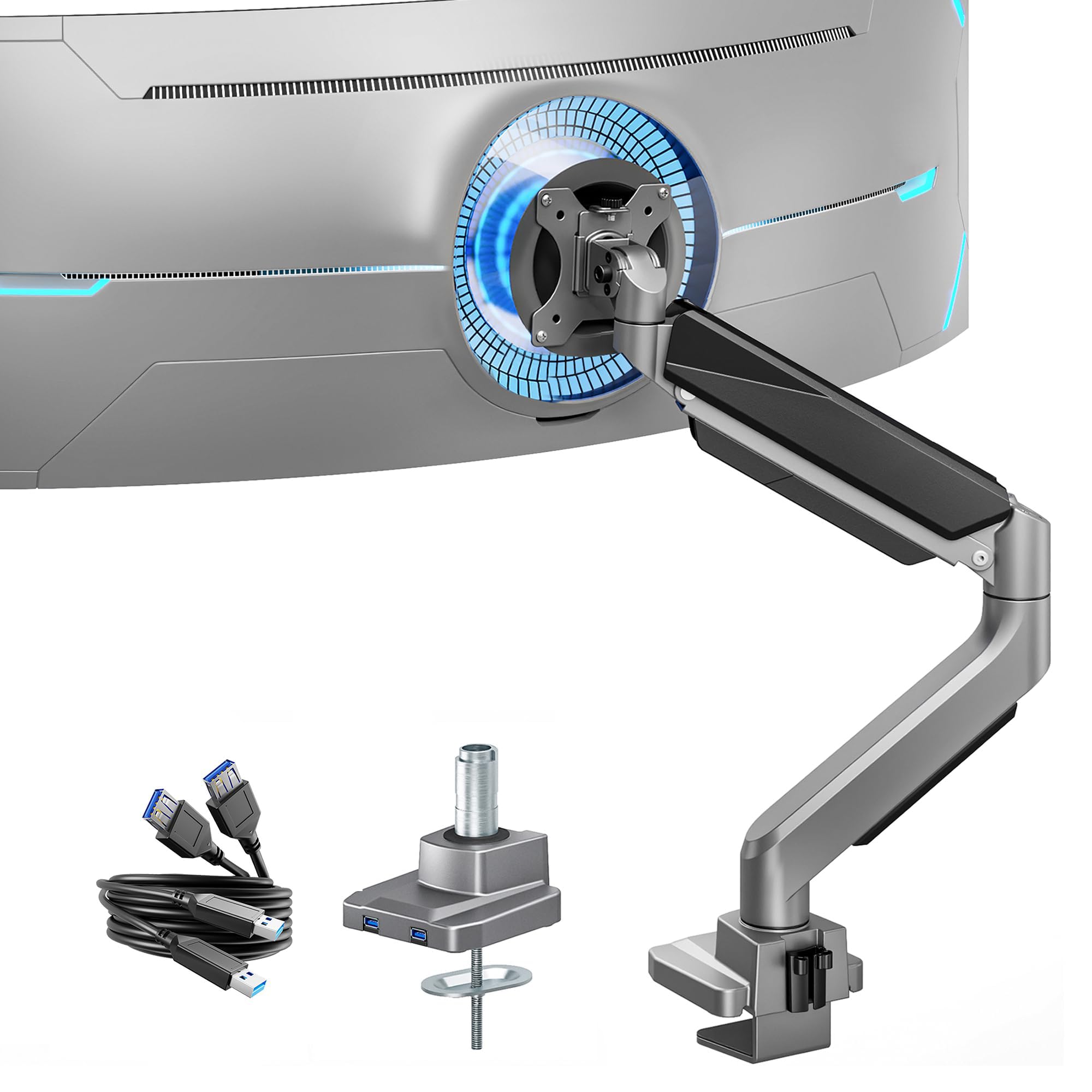 ARES WING Monitor Halterung mit USB A/C für 17"-45" Flach Curved Bildschirm, Höhenverstellbar Bildschirmhalterung, Monitor Arm Tragfähigkeit Max 18 kg, 75/100mm Vesa-Halterung, Tischhalterung Grau