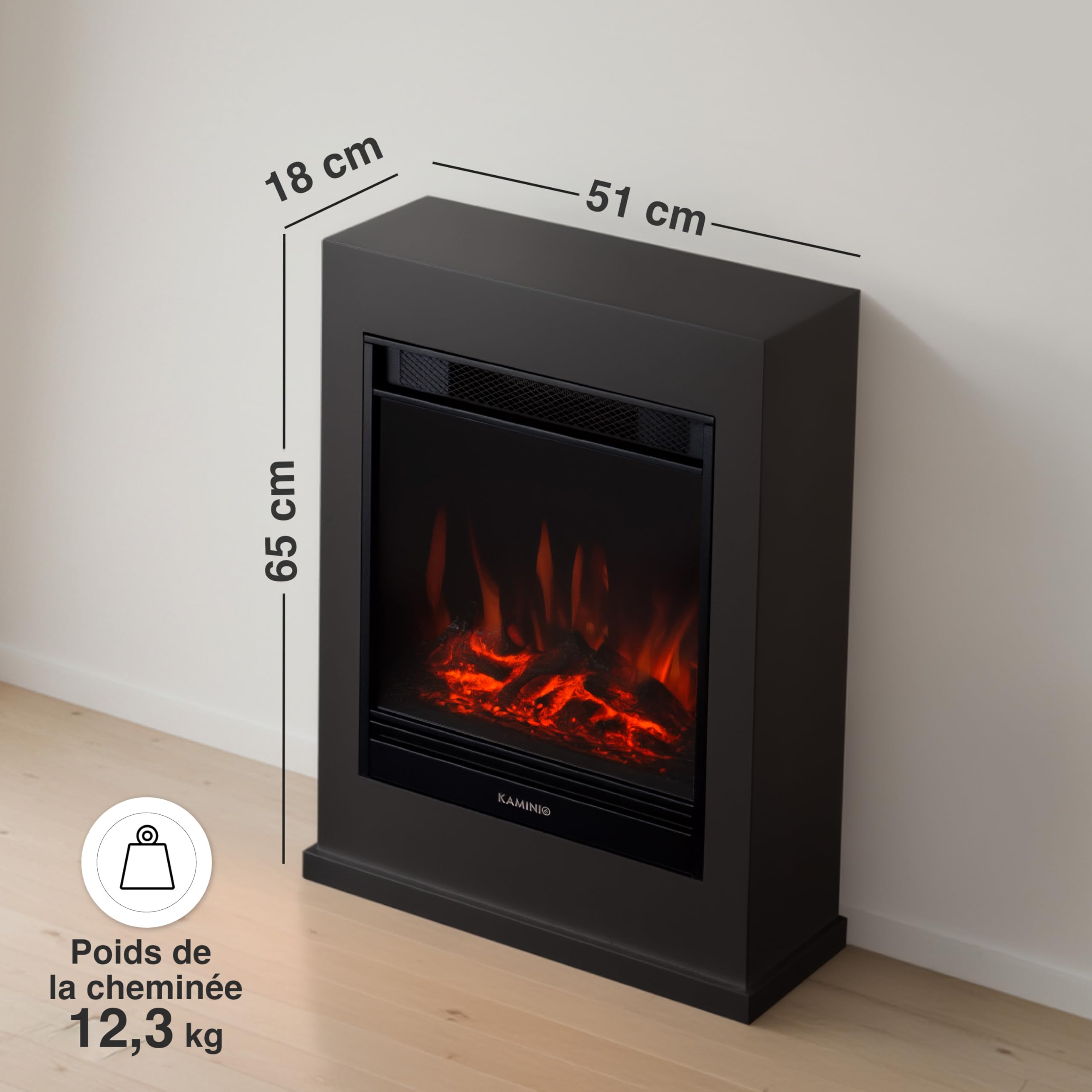 KAMINIO Cheminée électrique Kalle - Cheminée sur Pied avec Chauffage, Effet de Flamme 3D, télécommande (Noir)