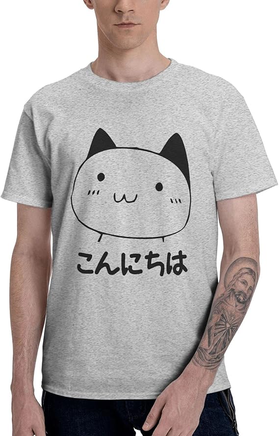 Amazon メンズシャツこんにちは柄プリントtシャツ この猫は面白いtシャツです Tシャツ カットソー 通販
