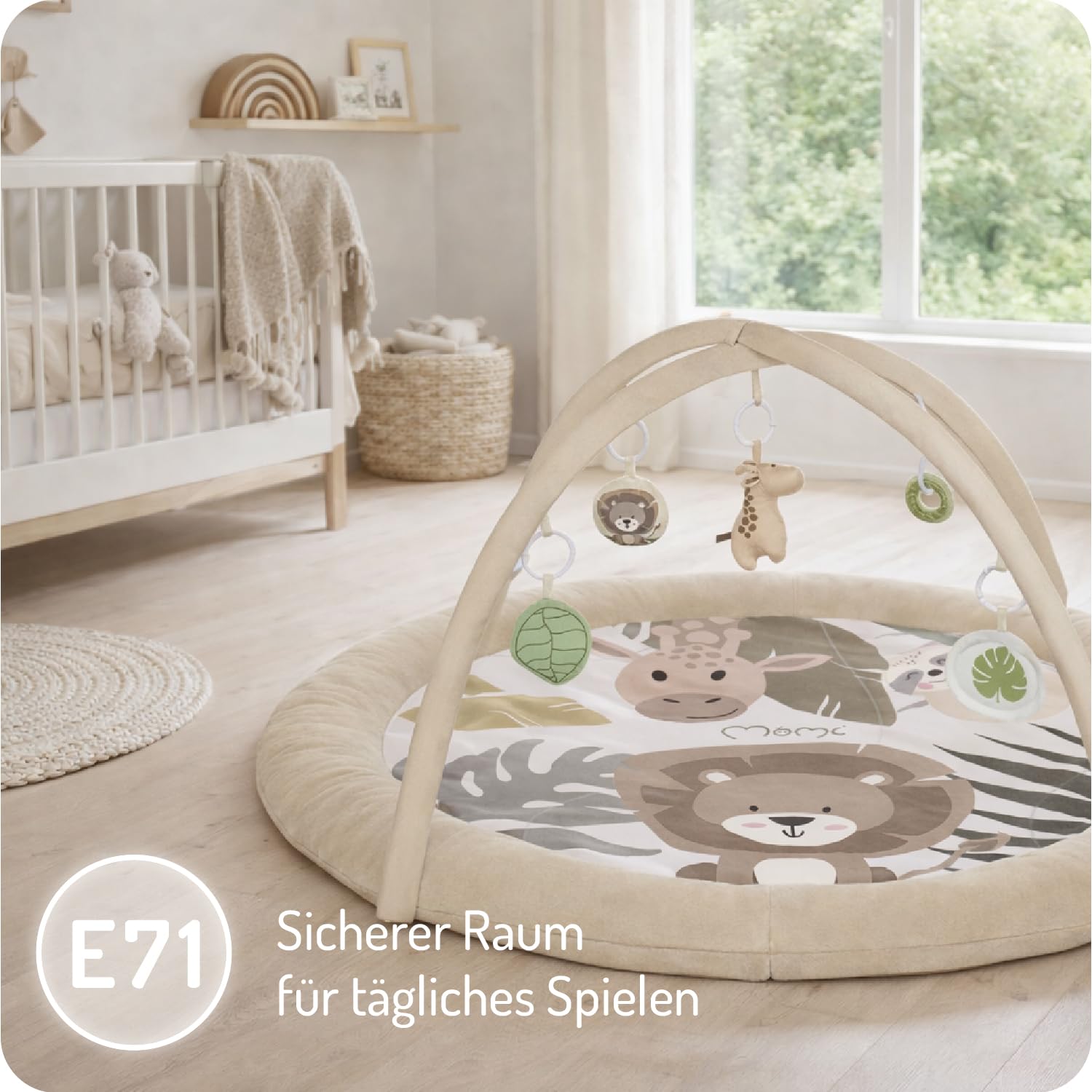 MoMi LUANI Spielset – Spielbogen mit Krabbeldecke, Ø 72 cm innen, mit 10 cm Umrandung, 6 Spielzeuge