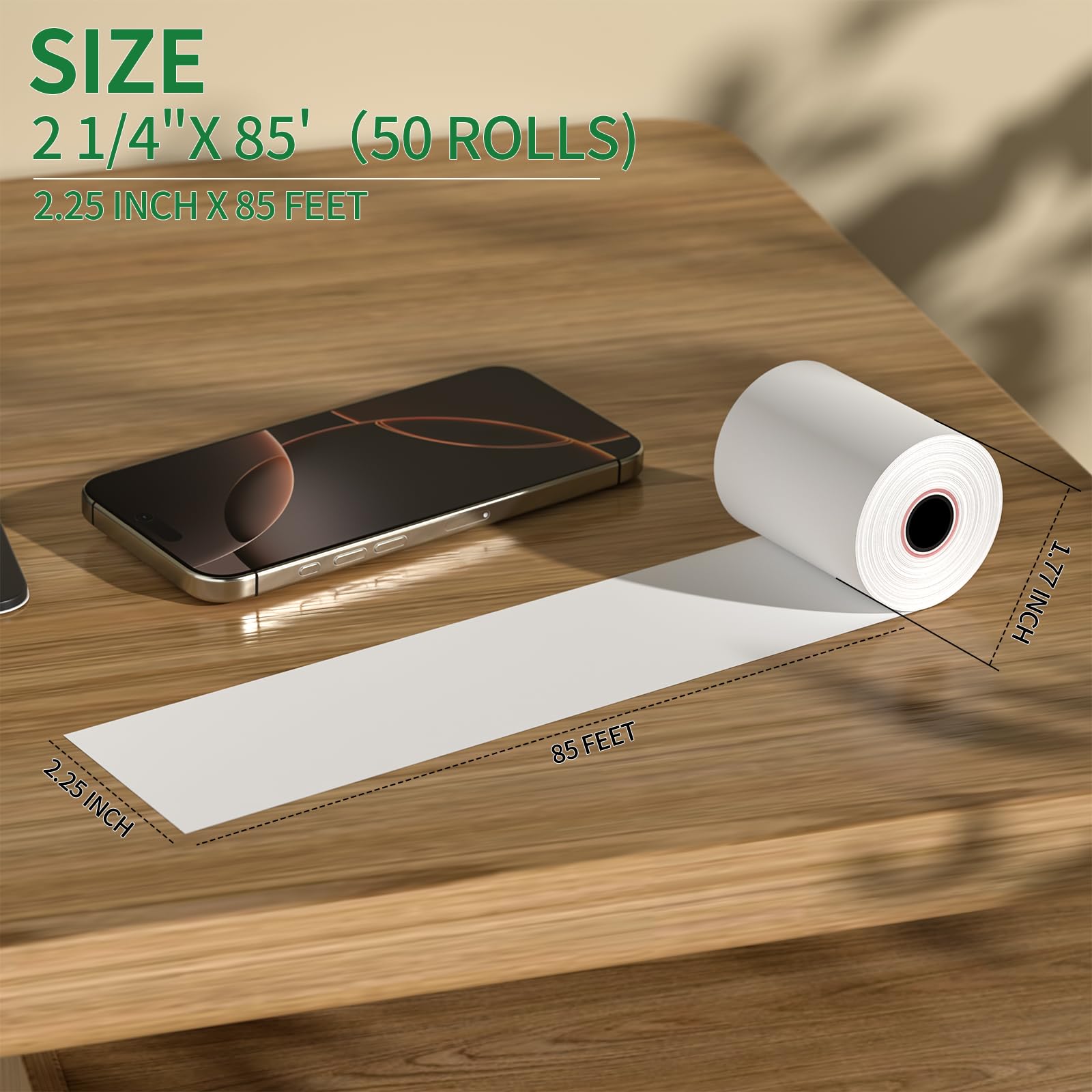 (50 rollos) rollos de papel térmico para recibos de 2 1/4 pulgadas x 85 pies, sin BPA, rollos de papel térmico para caja registradora, POS, rollos de papel térmico para tarjetas de crédito de 2 1/4
