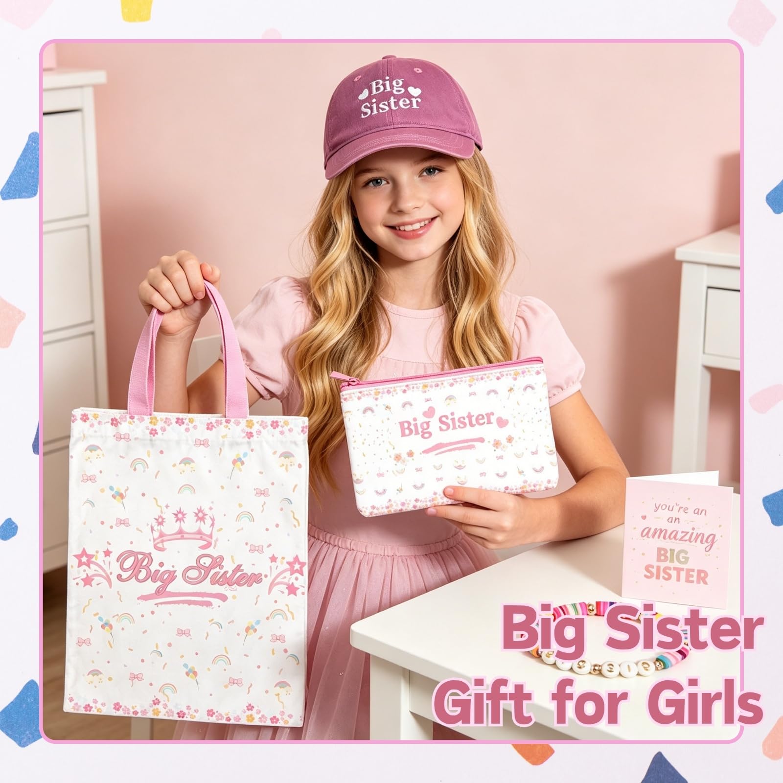 4pcs Big Sister Gifts Set with Embroidered Baseball Caps, Bag, Pen Pouch & Bracelet for Announcement Gift