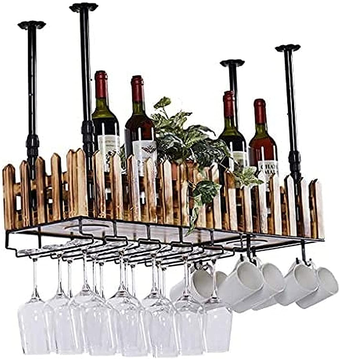Casier à vin suspendu en bois noble, porte-bouteilles et verres de prestige pour salon