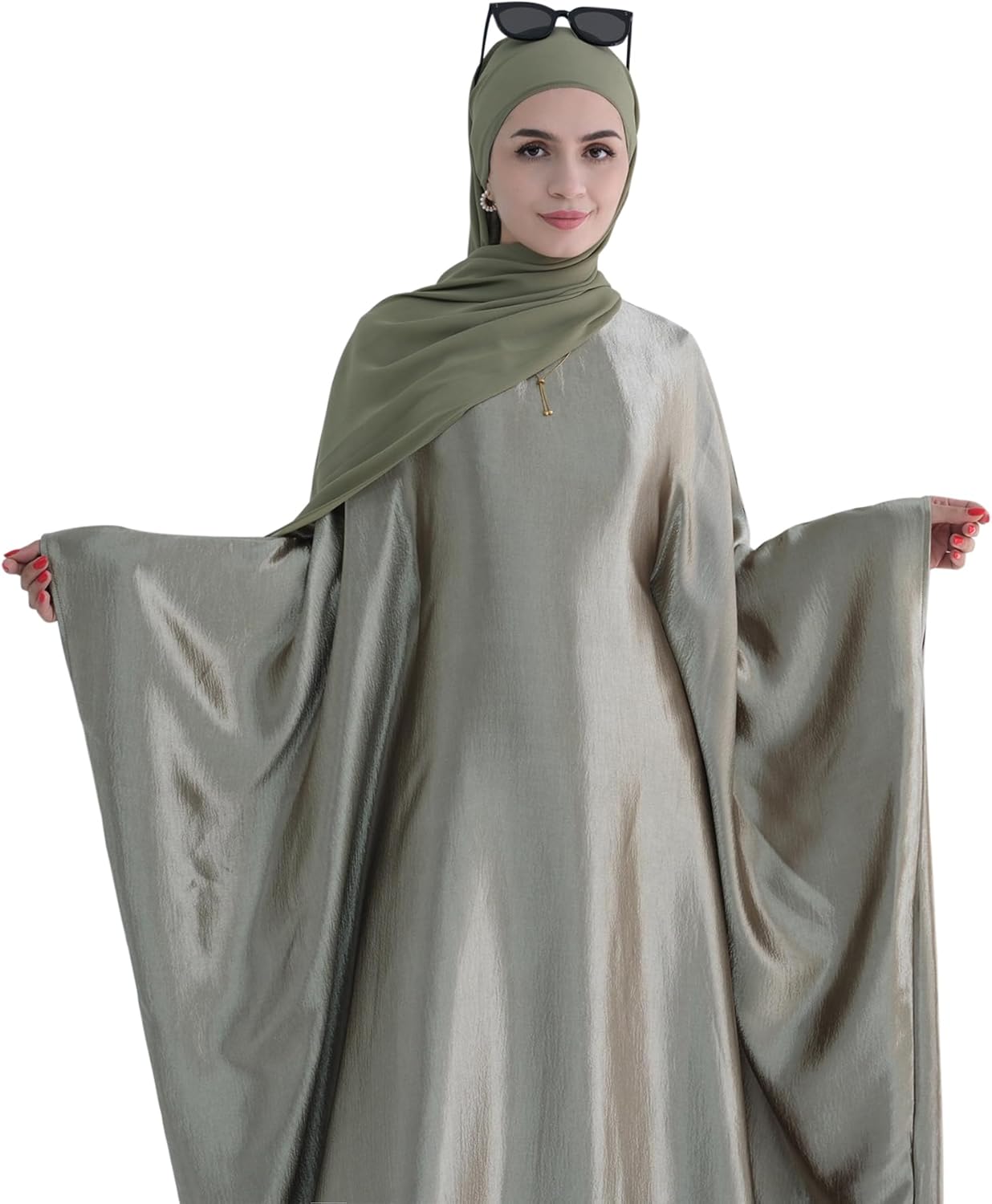 Abaya Muslim Dress Women Satin Prayer Dress Batwing Long Sleeve Middle East Arabian Robe with Hijab - Image 4