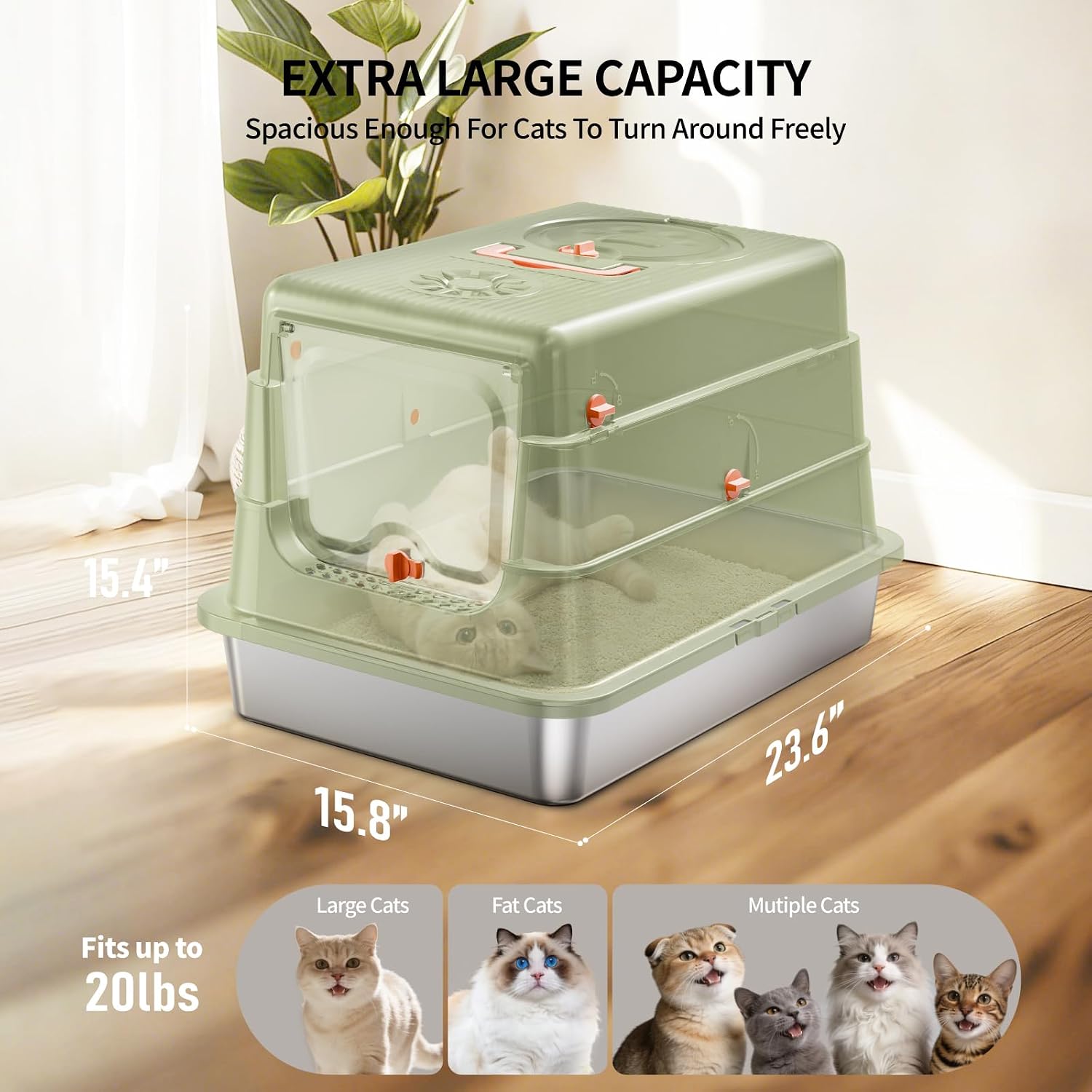 Stainless Steel Cat Litter Box with Lid, Extra Large Enclosed Metal Litter Pan with High Sides, Full Flip Cover Litter Box for Large Cat, Include Scoop & Step, Leak Proof Easy Clean Odor Control,Green