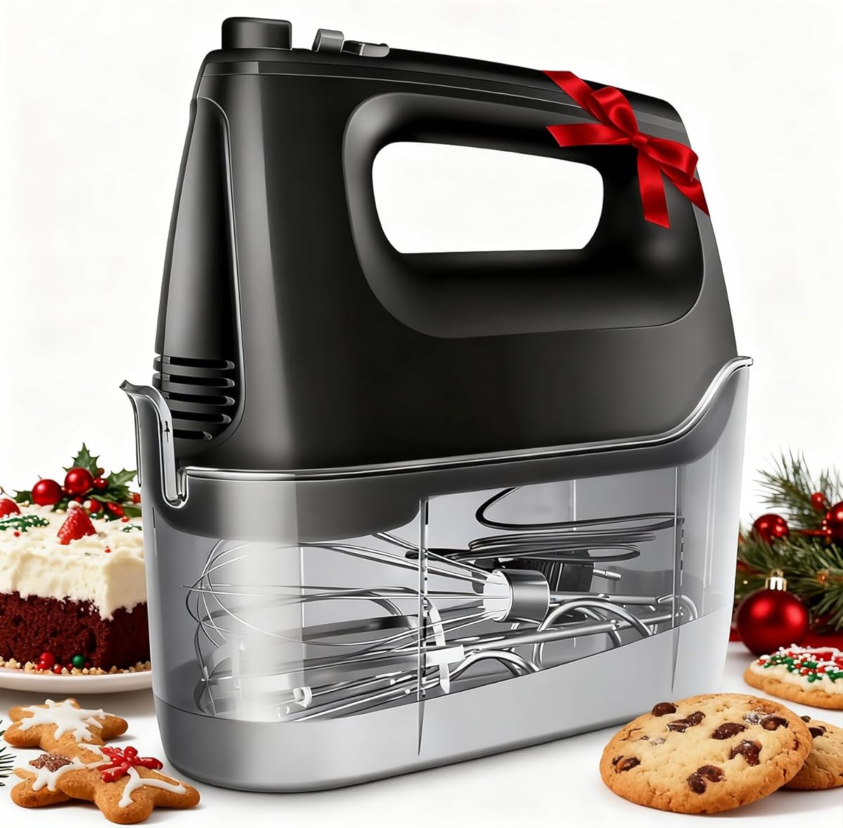 Handmixer Elektrisch Handrührgerät 6 Stufen Plus Turbo Kein Spritzen Mixer Handrührer mit Aufbewahrungskiste,5*Edelstahl Zubehör, Schwarz 400W Leiser Motor