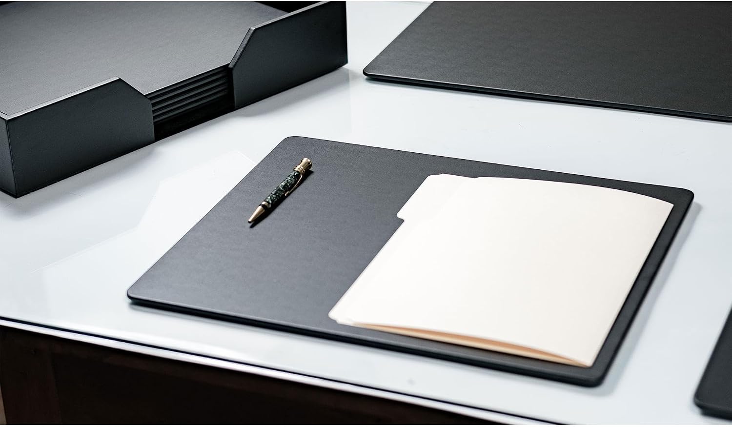 Dacasso Classic Black Leather Luxury Accessory Set, 10 Seat Conference Room - 17" x 14" Table Mat Desk Pad Blotters with Holder for Boardroom image 2