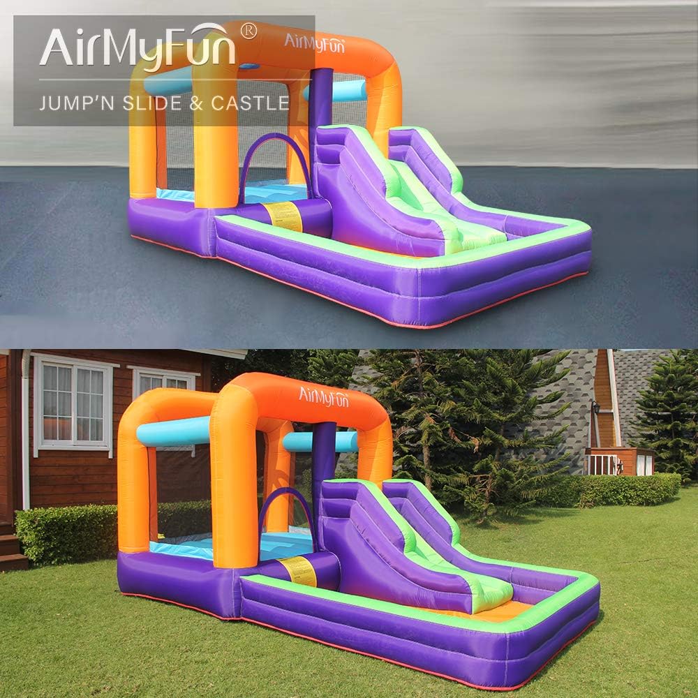 AirMyFun Inflatable Bounce House, Obstacles Bouncer & Slide with Air Blower (Purple Style)