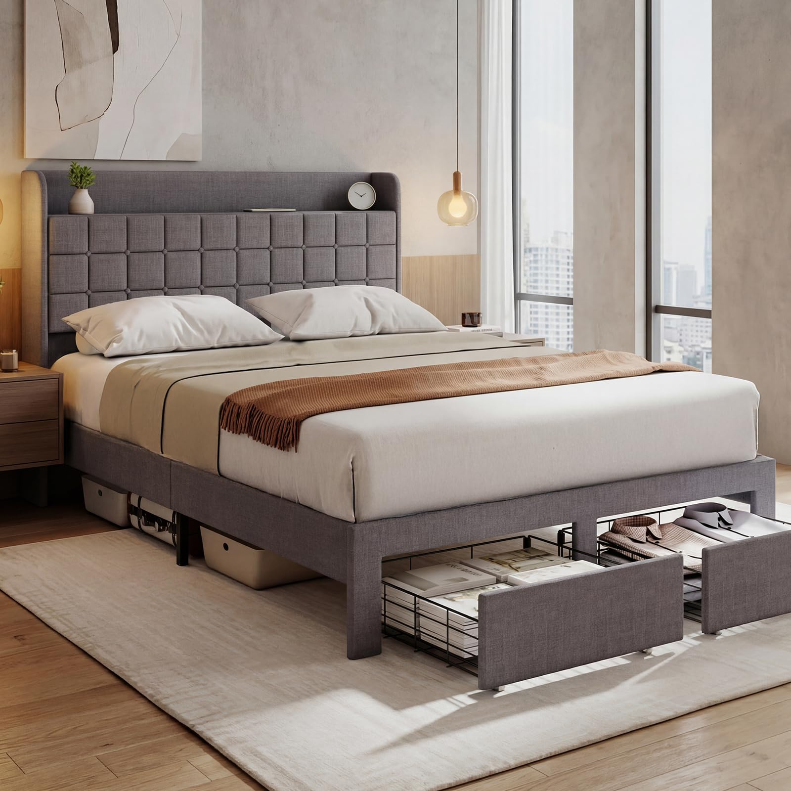 DUMOS Upholstered Platform Bed Frame with Storage Drawers