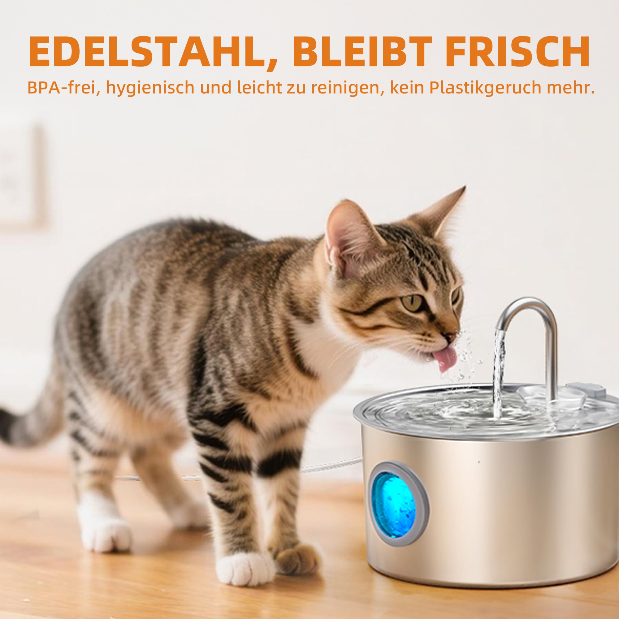 3.2L Katzenbrunnen Edelstahl mit 3 Filtern Trinkbrunnen für Katze Katzenbrunnen für Katzen mit Wasserstandsfenster Ultra leise Wasserbrunnen für Katzen Cat Water Fountain mit LED Licht