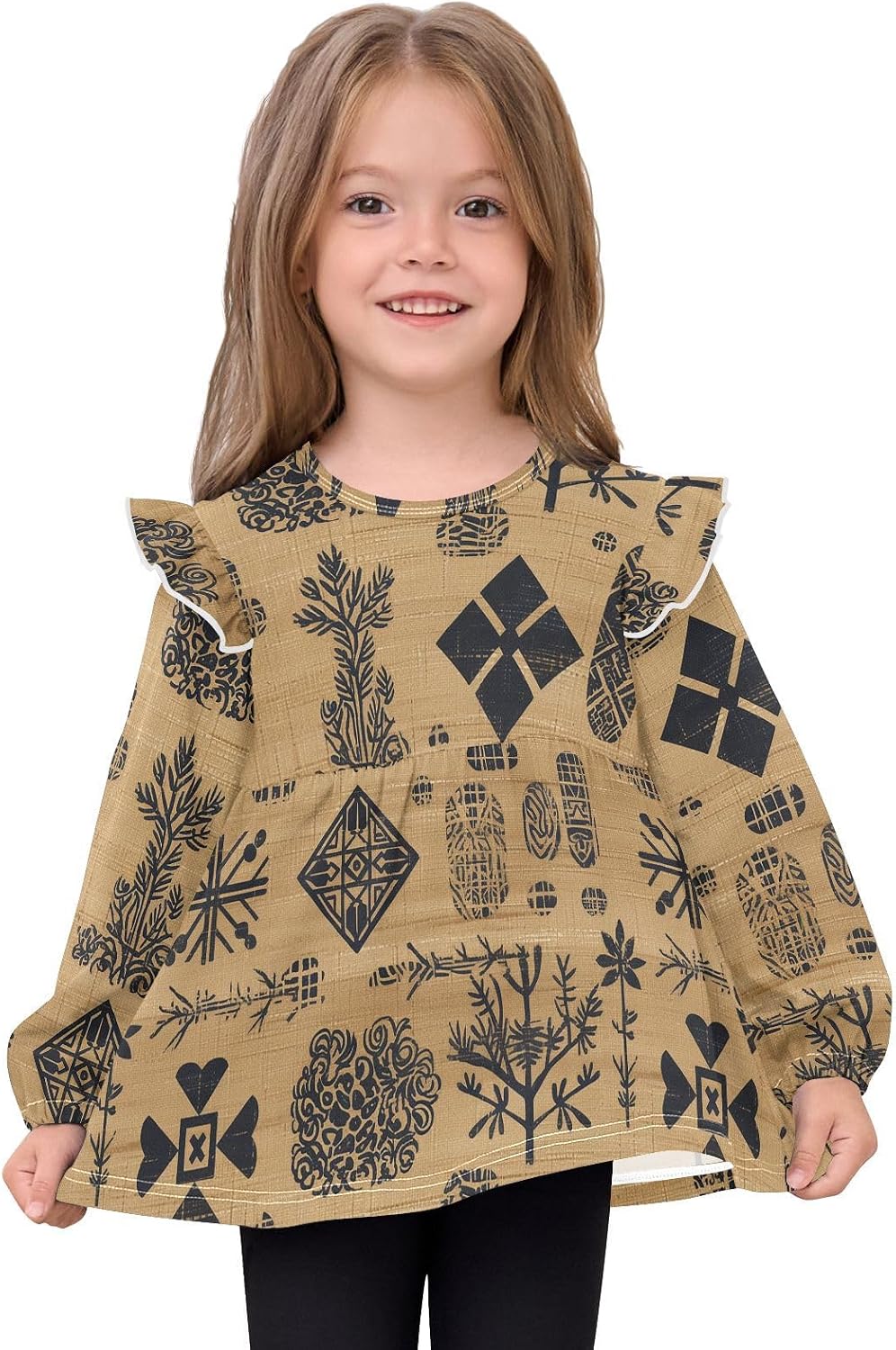 visesunny Toddler Clothes for Girls Geometric Tree Graphics Totem Long Sleeve Fall Shirts Cotton Top with Ruffle Collar