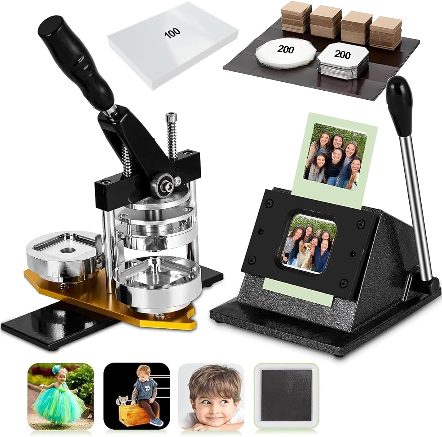 2X2in Square Fridge Magnet Maker Machine Kit, 50x50 mm DIY Photo Badge Refrigerator Sticker Press Machine with Paper Cutter, 200pcs Consumables, 100 Paper Photo