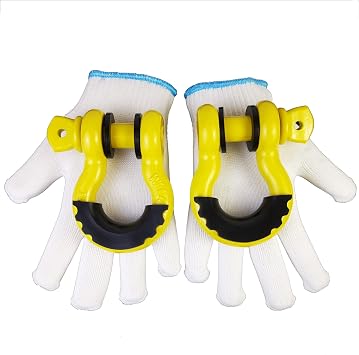 Pack of 2 Yellow Powder Coated 3/4 D Ring Shackles with Gloves Bundle with Black Shackle Isolator to Protect Your Tow Shackles and Bumper Reduce Rattling