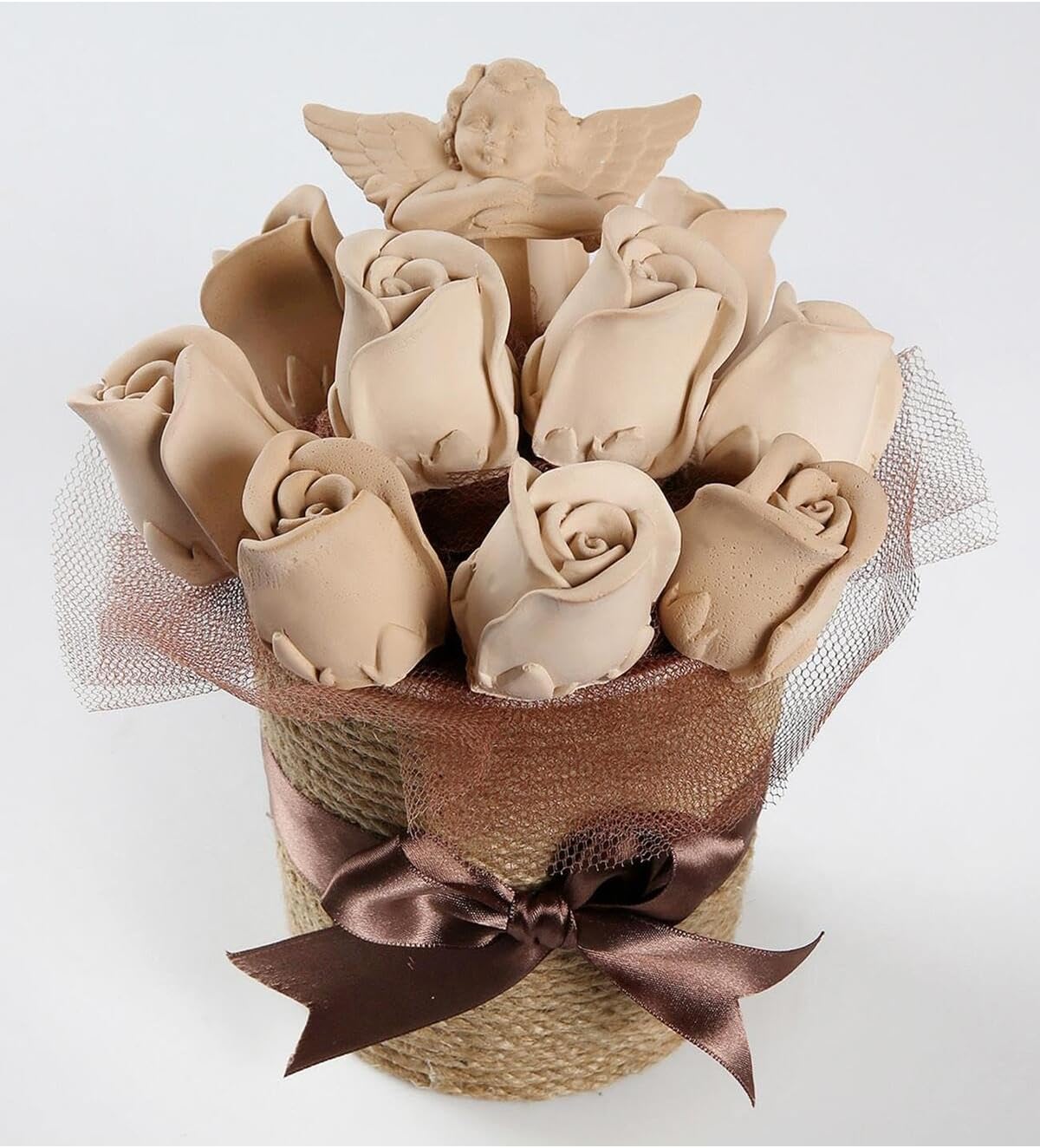SODEF Scented Stone Arrangement Coffee Tone Angel Roses Gift Set Decorative Ornament for Nursery Room, Baby Shower, Birthday Present, Home Decor, Table Accent piece - Unspecified, One Size