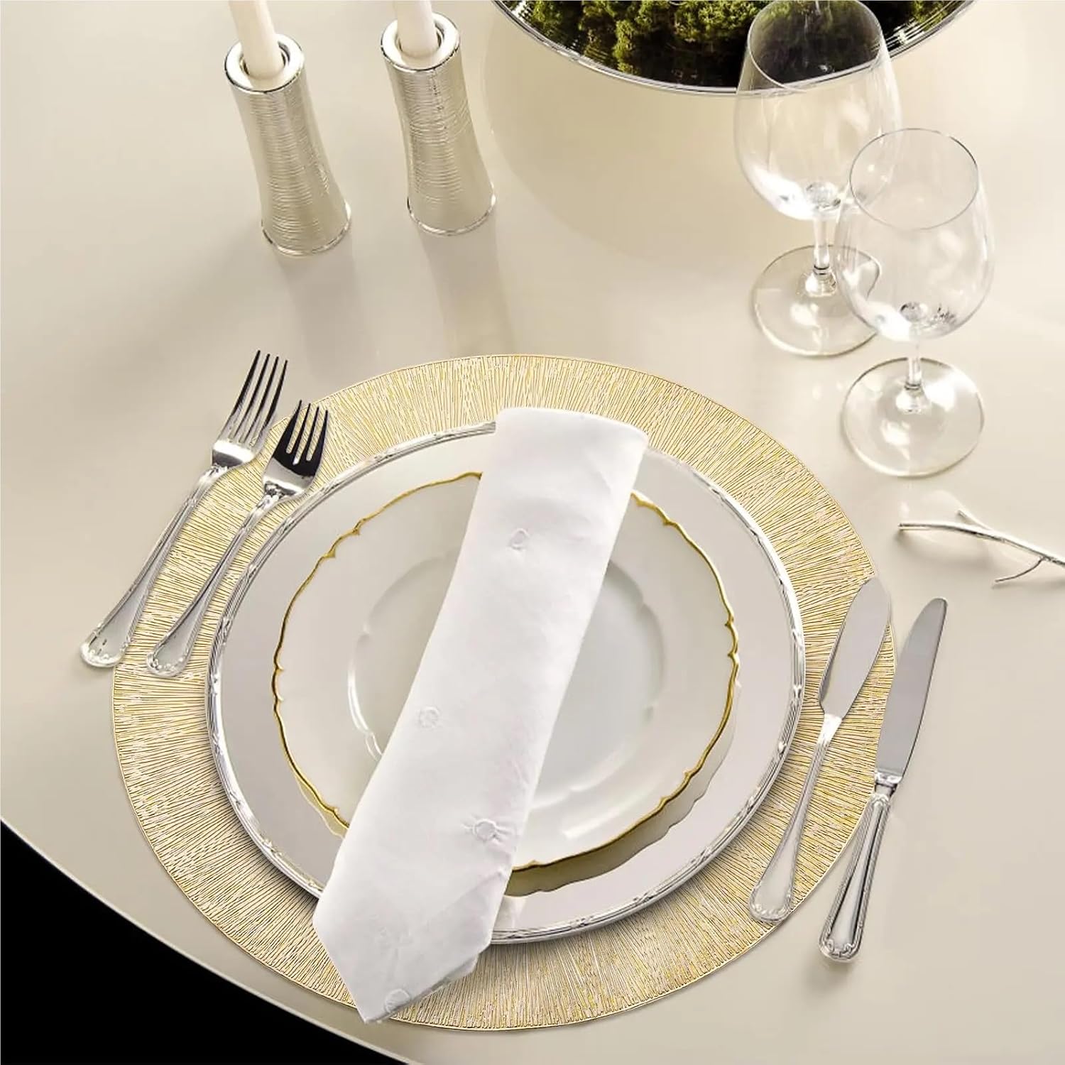 Set of 6 Round Placemats,Hollow Out Pressed Vinyl Tablemats,Washable Non-Slip Place Mats for Dinning Table Mats Decor 15 Inches(Silver)