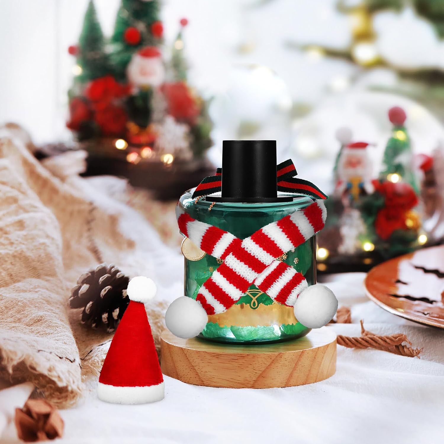 NUOBESTY 124Pcs Mini Christmas Knit Hat Scarf Mini Santa Hat Doll Knitting Hats Black Plastic Xmas Hat for DIY Hair Accessories Crafts