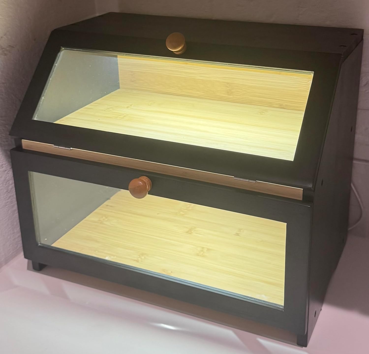 Double-Layer Bamboo Bread Box with LED Light – See-Through Window Keeps Bread Fresh on Your Countertop (Black)