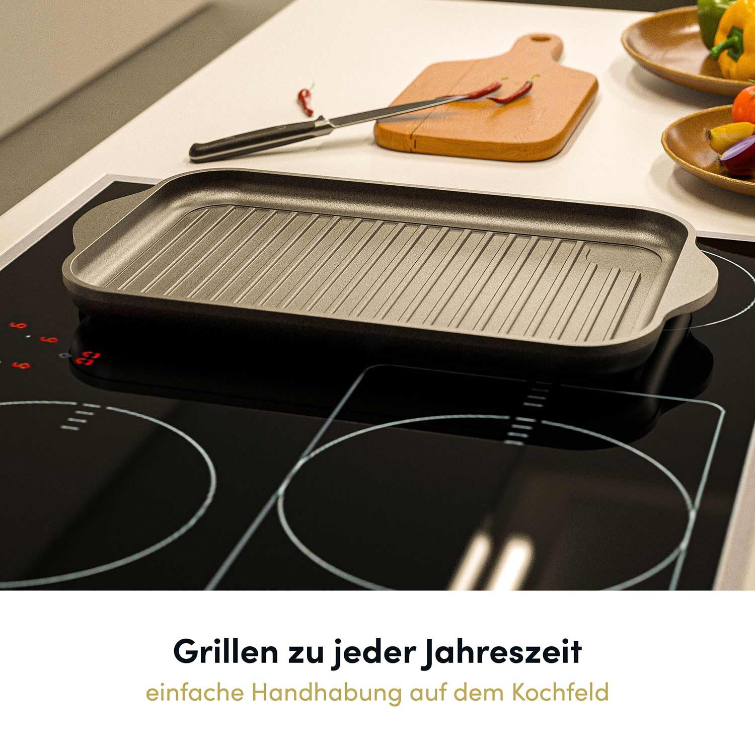 Hoffmann Aluguss Grillplatte Induktion 37x23 cm Innenmaß I Beschichtete Bratplatte Induktionskochfeld I Gasgrill Grillaufsatz Grill I Herd Plancha antihaft I Induktionsfähige Grillpfanne Steakpfanne