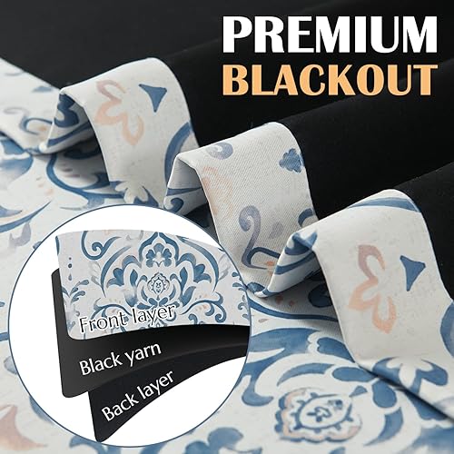 Vista 3 de Lazzzy Blue Damask Blackout Curtains 96 Inches Long for Bedroom Living Room, Floral Printed Thermal Insulated Window Treatments, Back Tab Noise