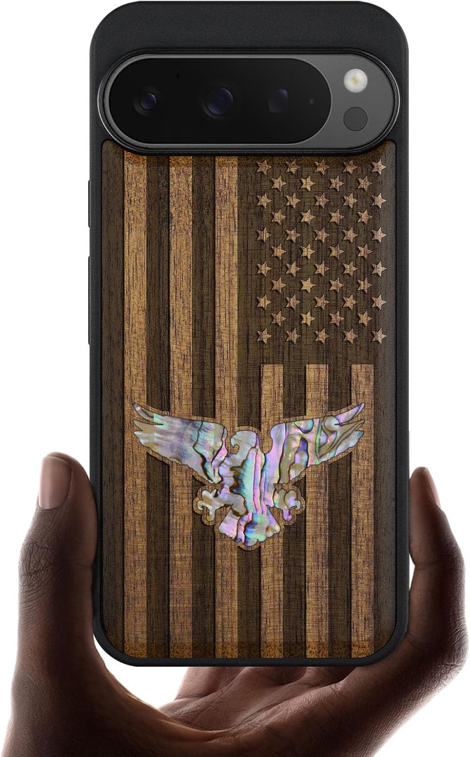 Carveit Magnetic Wooden Case for Google Pixel 9 Pro XL Case, Wood Artisan Engraved & Handmade Shell Inlaid, Compatible with MagSafe Wireless Chargers, Bald Eagle and Flag - Walnut