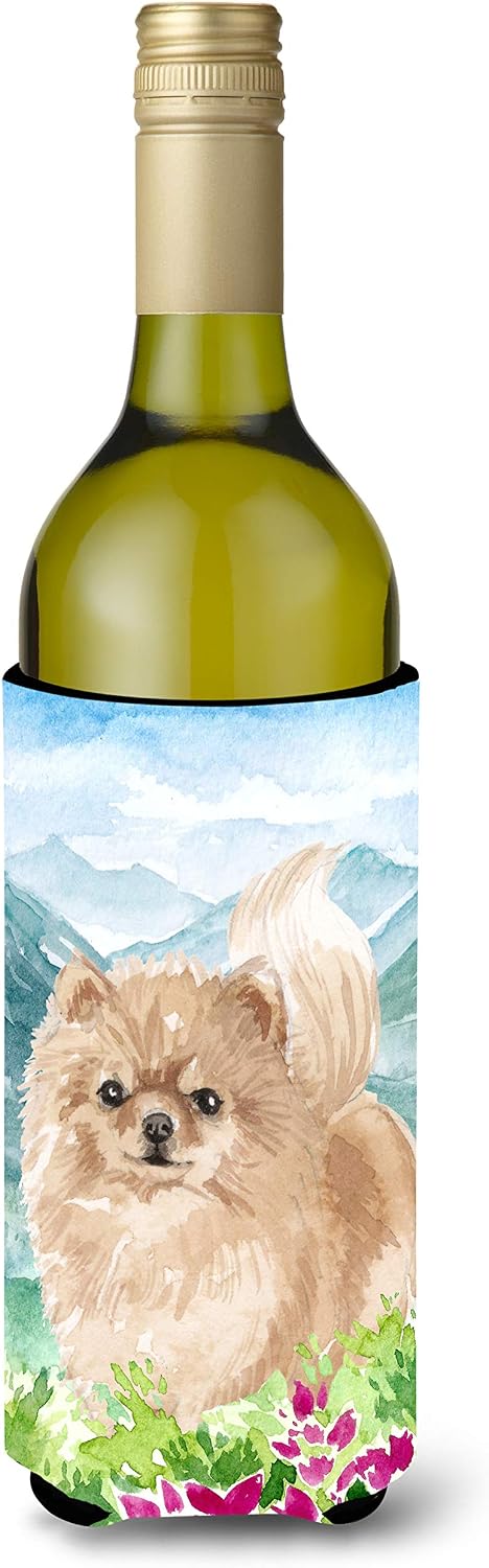 Caroline's Treasures CK1970LITERK Mountian Flowers Pomeranian Wine Bottle Hugger Bottle Cooler Sleeve Hugger Machine Washable Collapsible Insulator Beverage Insulated Holder